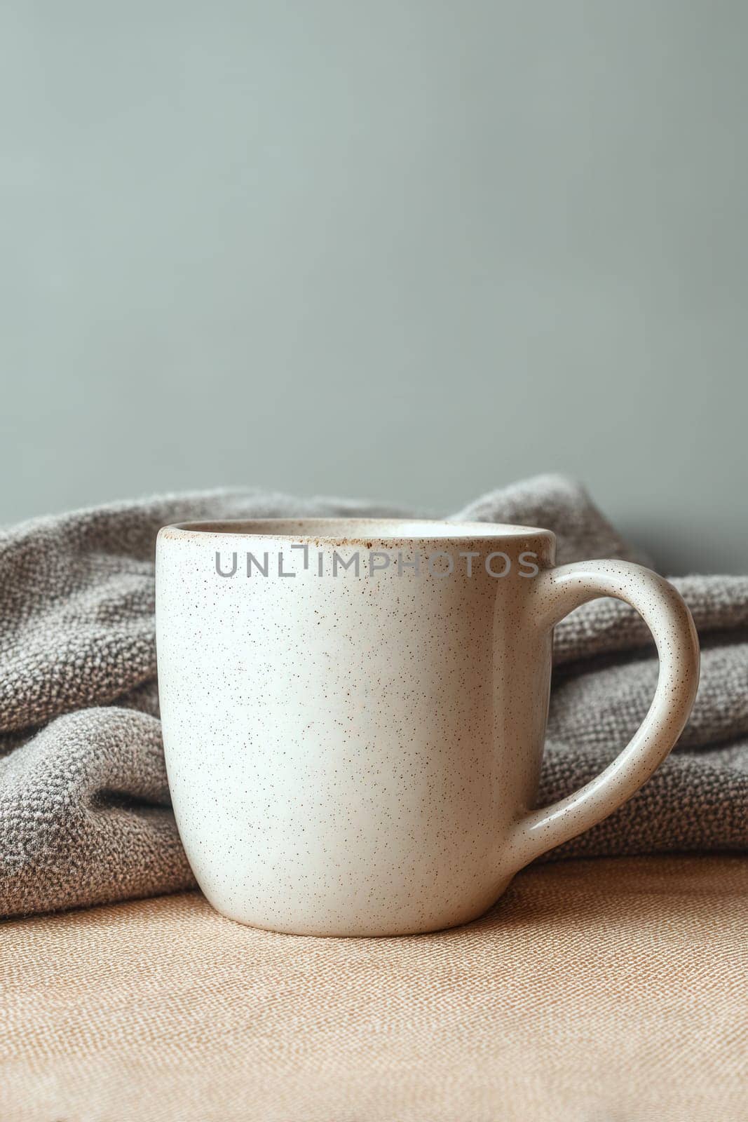 Rustic ceramic mug with speckled surface on soft woven fabric. Ideal for lifestyle branding, cozy scenes, autumn themes, coffee rituals, or product display in warm tones