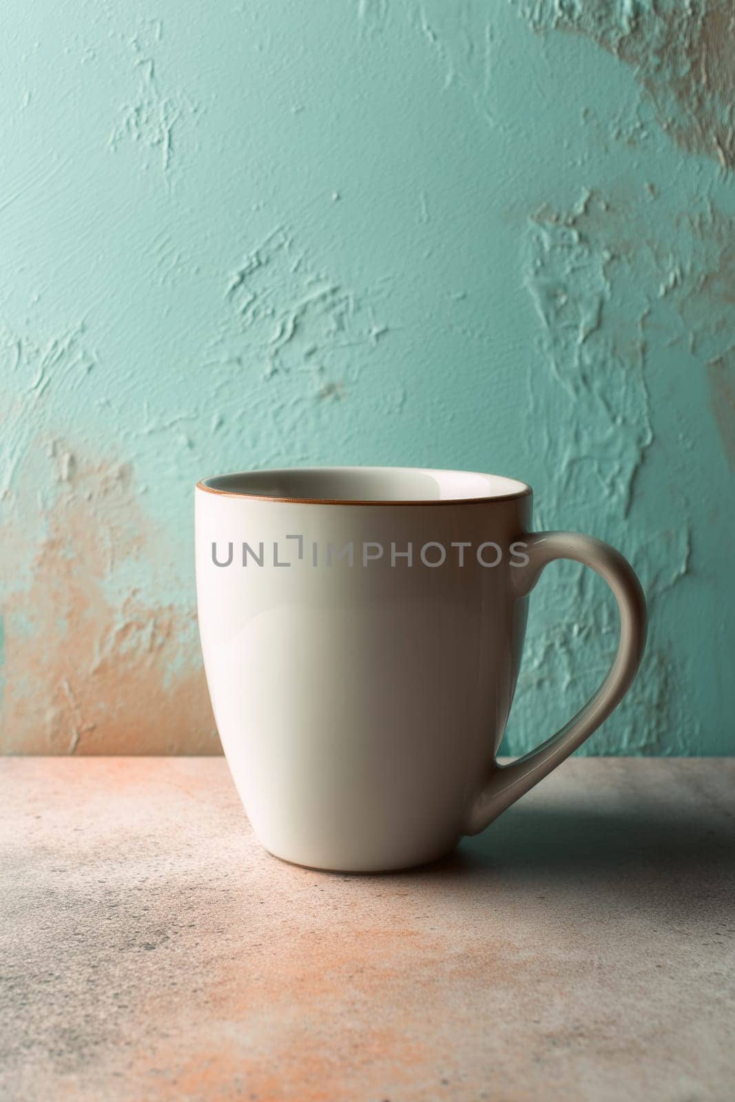 Minimal ceramic mug on a textured tabletop with teal wall background. Great for branding, lifestyle content, mockups, product showcases, and warm beverage themes