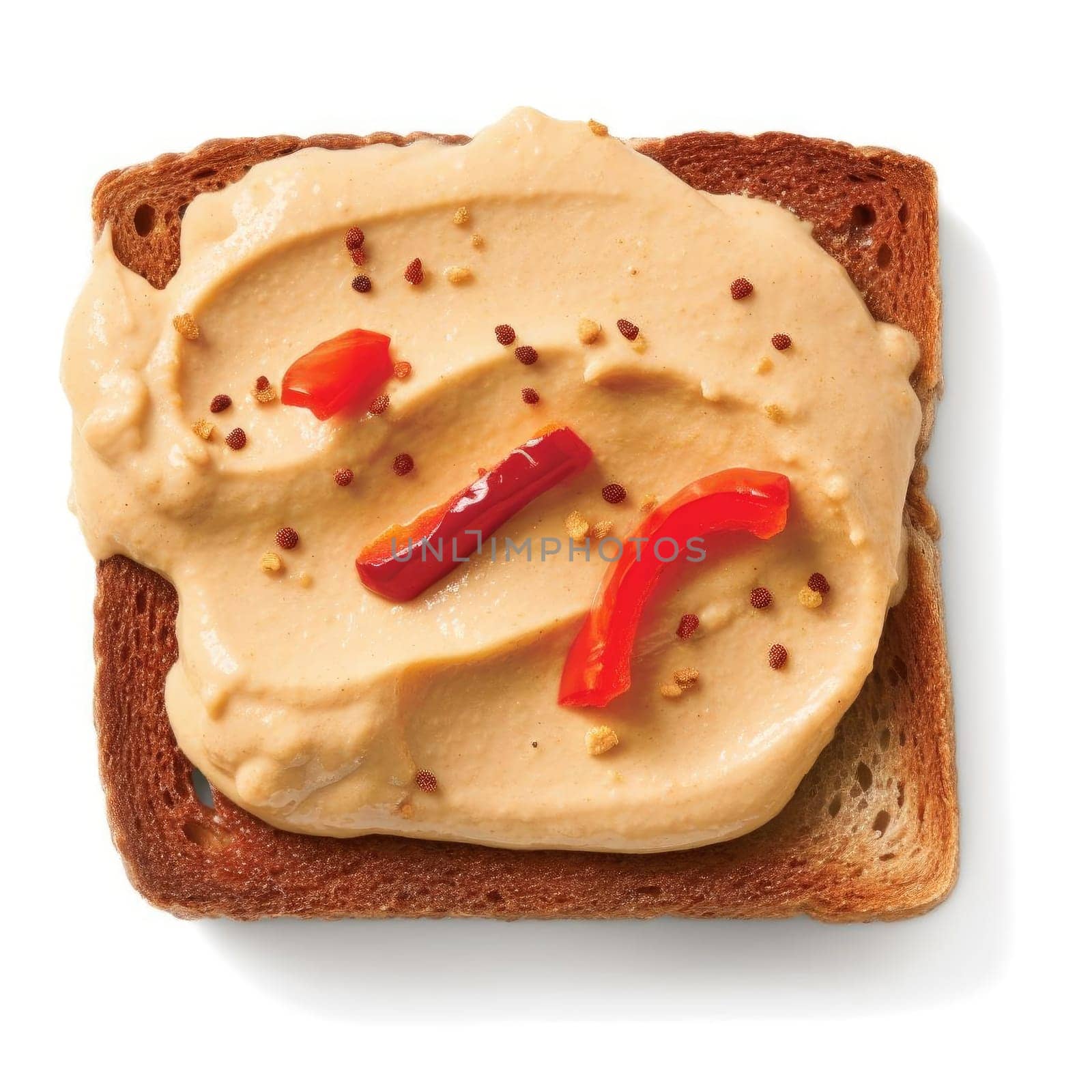 Toasted bread with hummus and chilli pepper on white background (ID: 001560)