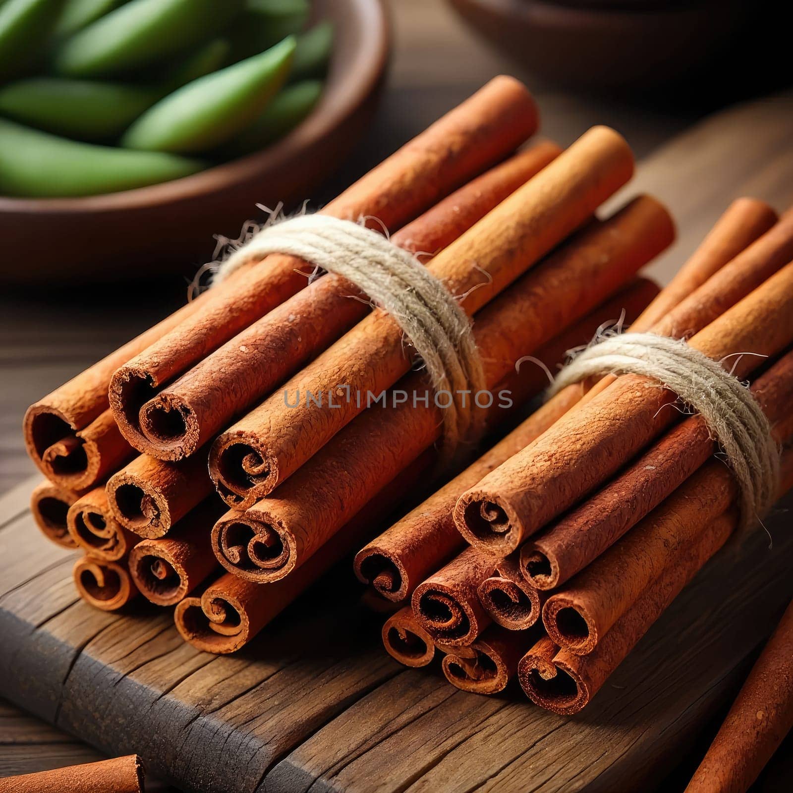 Cinnamon sticks are neatly bundled and tied with twine, placed on a rustic wooden table. In the background, fresh green herbs add color to the setting, creating a warm, inviting atmosphere.