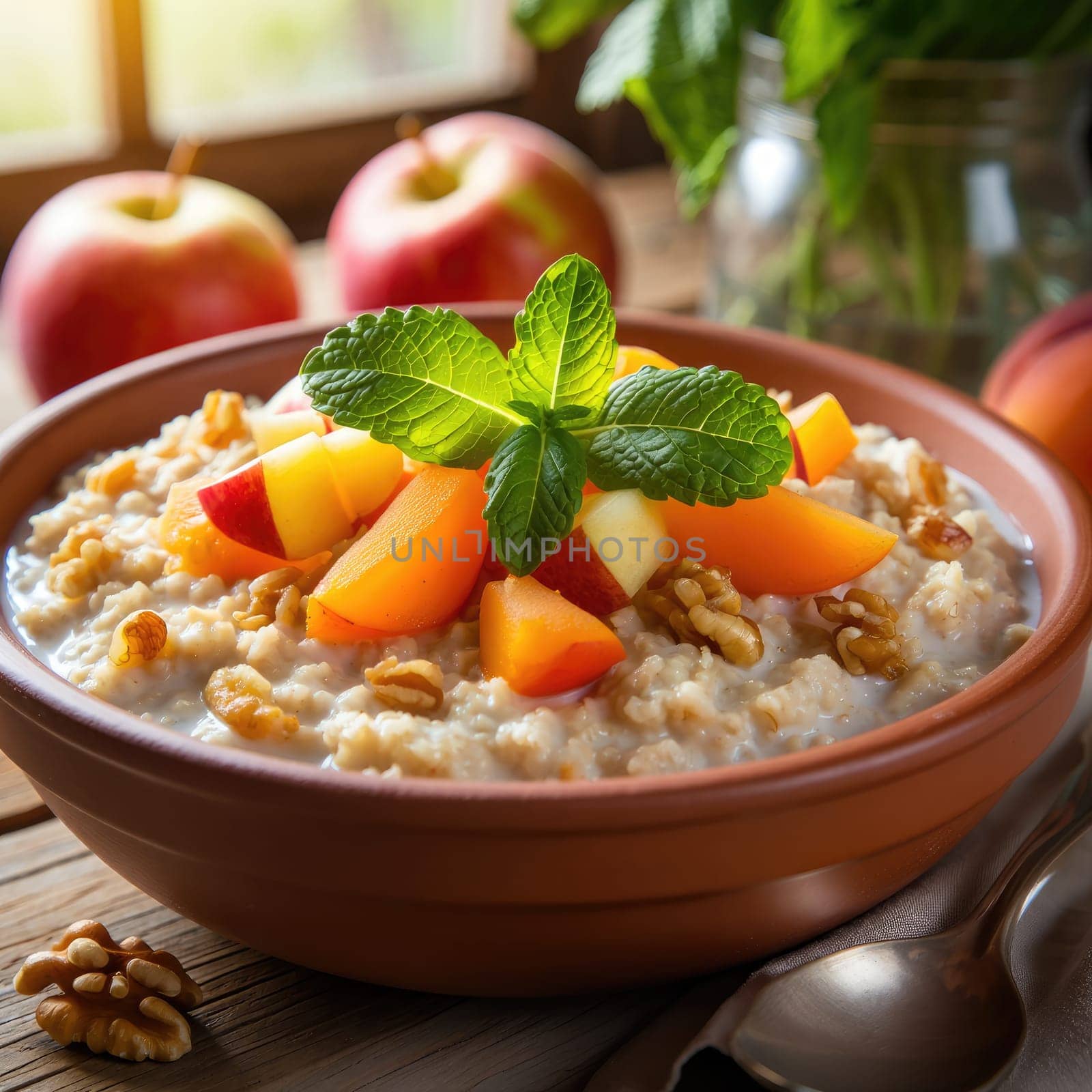 A wholesome bowl of oatmeal is garnished with chopped apples, peaches, and walnuts, set in a warm kitchen with sunlight filtering through the window. Fresh apples are visible nearby.