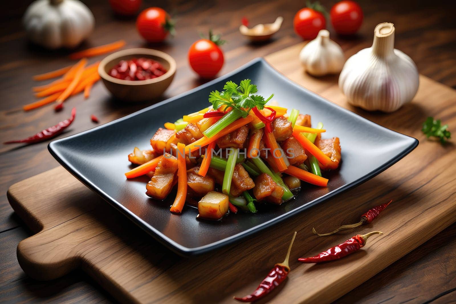 A vibrant dish features diced vegetables stir fried with garlic and served on a sleek black plate. The presentation is enhanced by fresh tomatoes and red chili peppers.