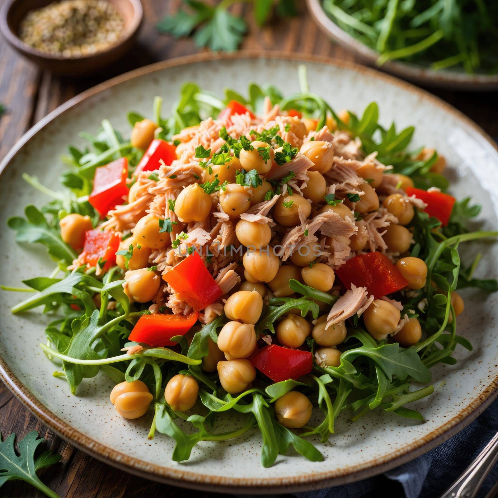 A colorful salad featuring chickpeas, tuna, red bell peppers, and arugula, garnished with herbs and served on a rustic plate. This dish highlights fresh ingredients and vibrant colors.