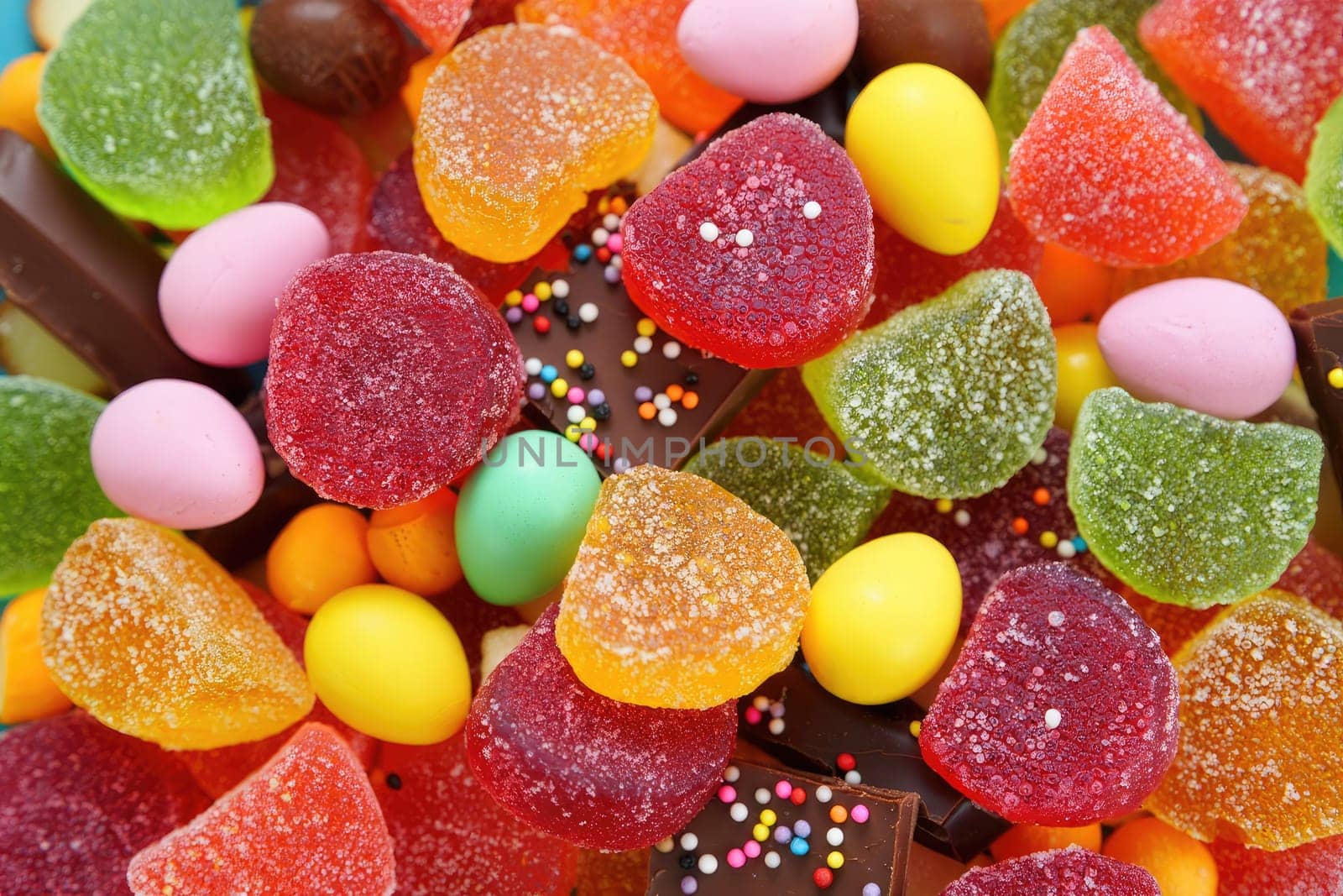 A variety of gummy candies and chocolates are displayed in a vibrant mix. Brightly colored treats include gummies shaped like hearts, jelly beans, and chocolate pieces, creating a festive look.