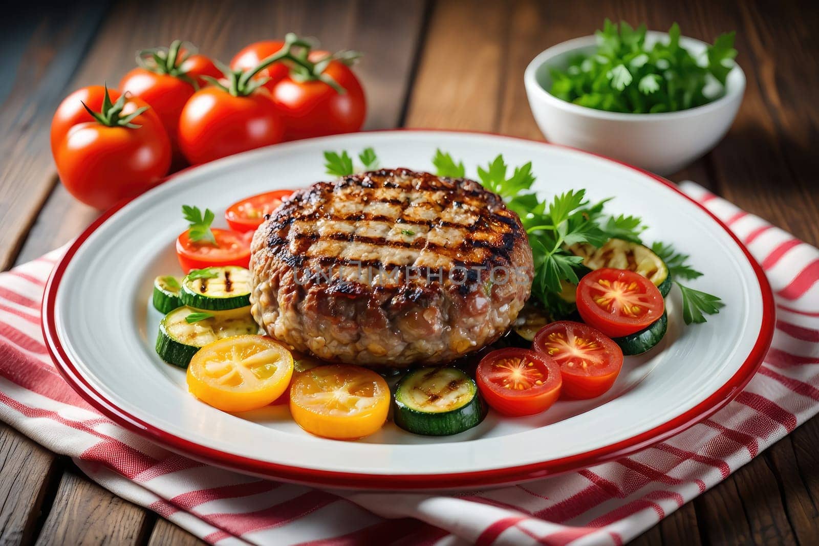 A delicious grilled burger is showcased with a vibrant mix of fresh tomatoes and zucchini on a rustic wooden table. The meal is garnished with fresh parsley, creating a colorful display.