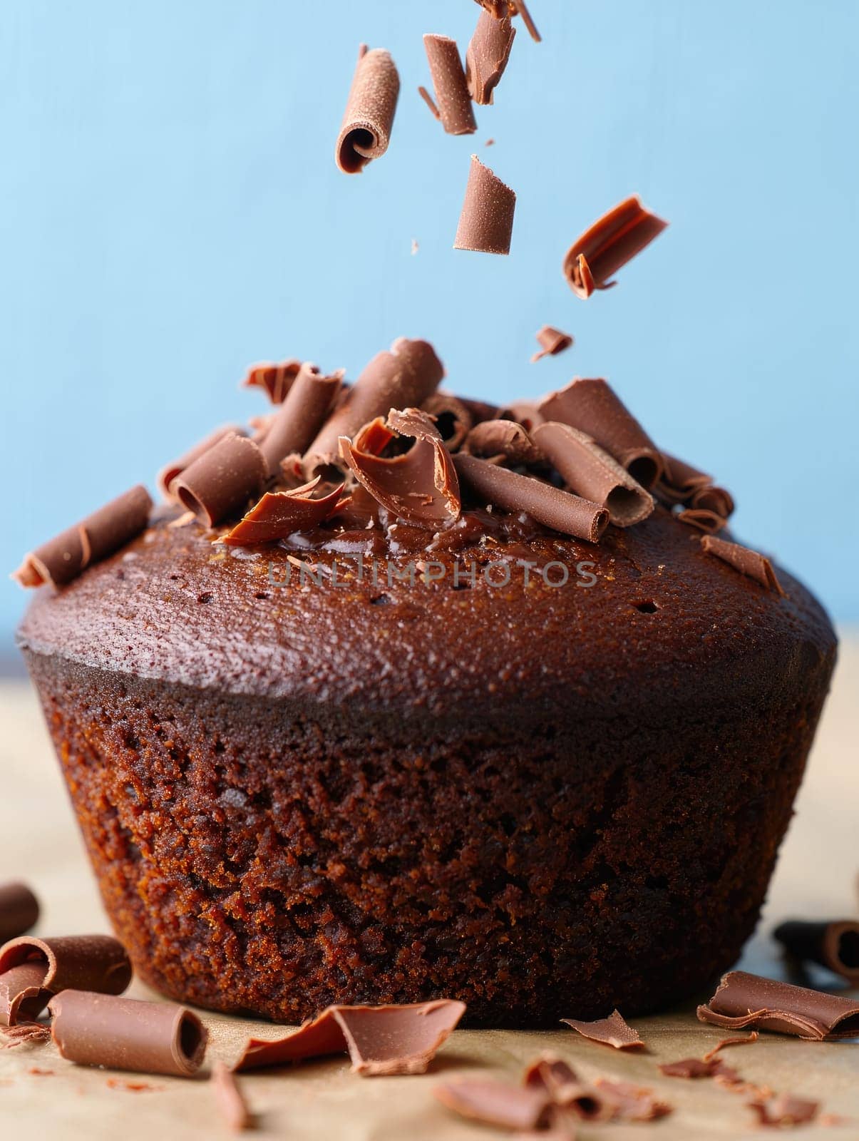 A freshly baked chocolate muffin is adorned with a generous sprinkle of chocolate shavings. The background features a soft blue hue that enhances the desserts rich appearance, inviting indulgence.