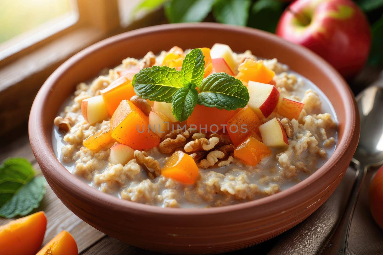 A warm bowl of oatmeal sits on a wooden table, garnished with vibrant diced fruits and nuts. Sunlight streams in, highlighting the bright colors of the meal, perfect for a nourishing breakfast.
