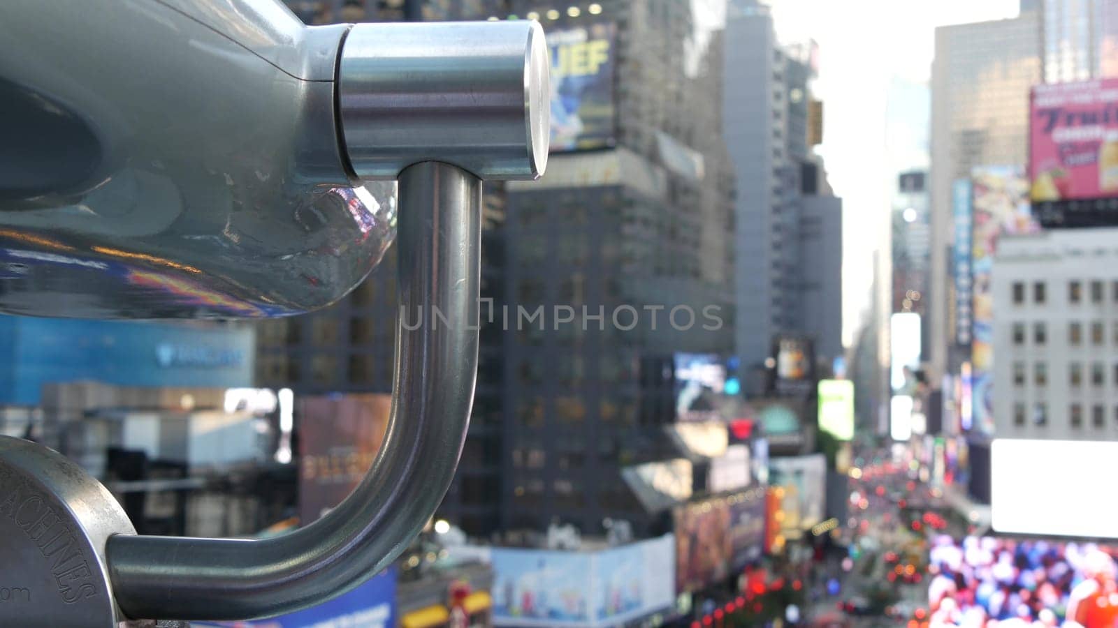 New York City, United States - 14 Sept 2023: Times Square Manhattan Midtown Broadway street, USA. People crowd from above. NYC commercial billboard screens. Tower viewer binoculars, tourist viewpoint.
