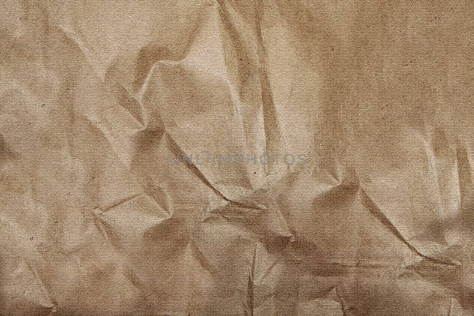 Close-up view of a crumpled brown paper surface, creating an abstract textured background