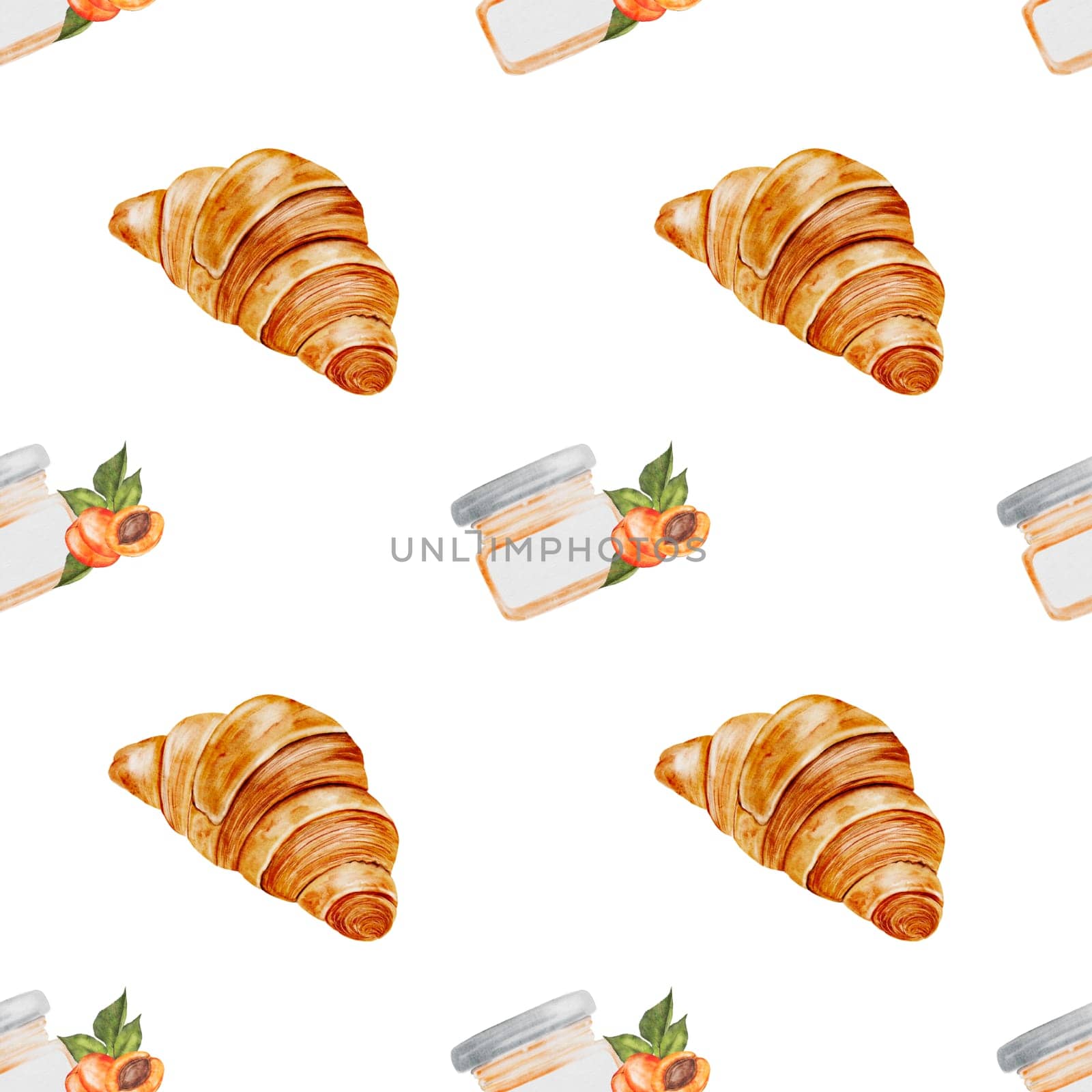 Croissant and jam watercolor pattern. Hand drawn illustration fresh french bun. Food clip art. Ideal for bakery prints, postcards and pastry shop posters. High quality illustration