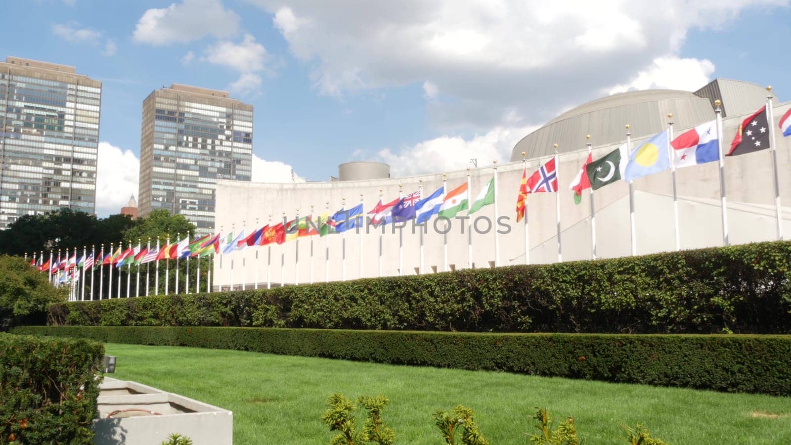 New York City, United States - 12 Sept 2023: United Nations UN Headquarters, Manhattan Midtown, USA. Diplomatic political international organization. Flags row for General Assembly conference session.