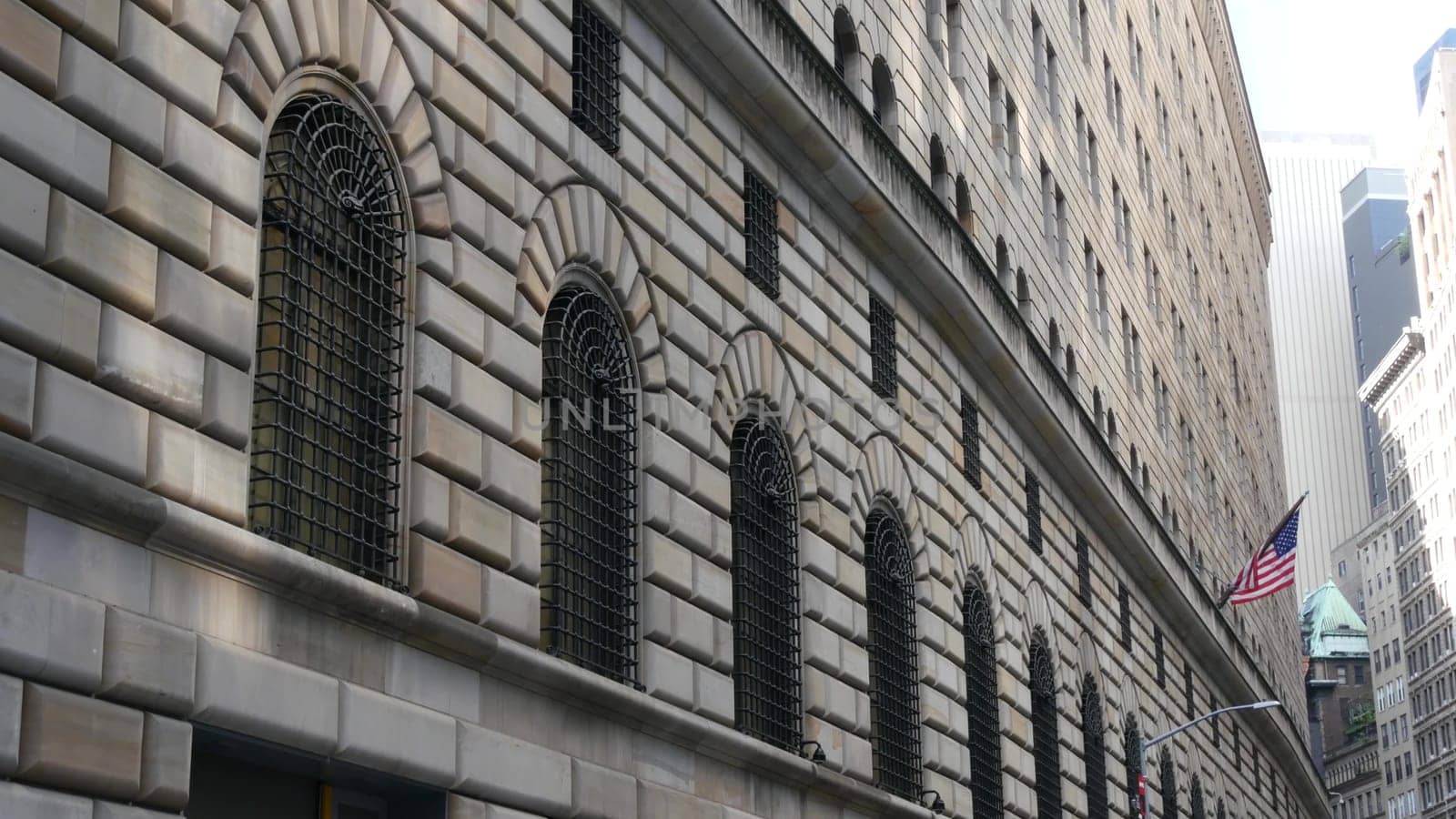 New York City, United States - 3 Sept 2023: Manhattan Downtown Financial District urban architecture. American Federal Reserve Bank building near Wall street Stock Exchange. USA Federal Reserve System