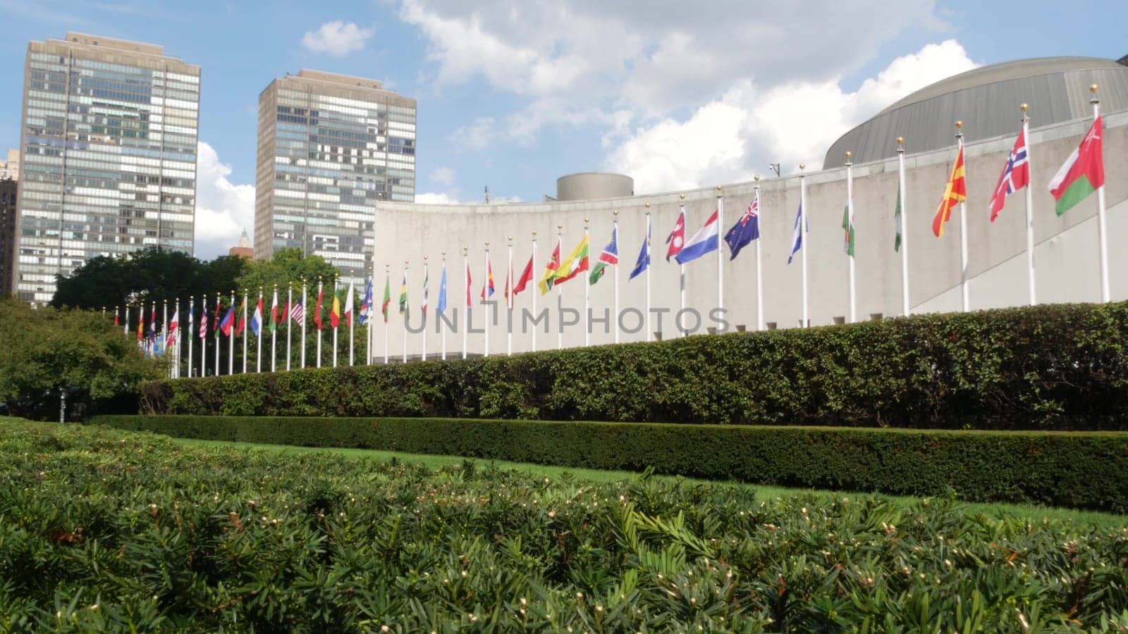 New York City, United States - 12 Sept 2023: United Nations UN Headquarters, Manhattan Midtown, USA. Diplomatic political international organization. Flags row for General Assembly conference session.