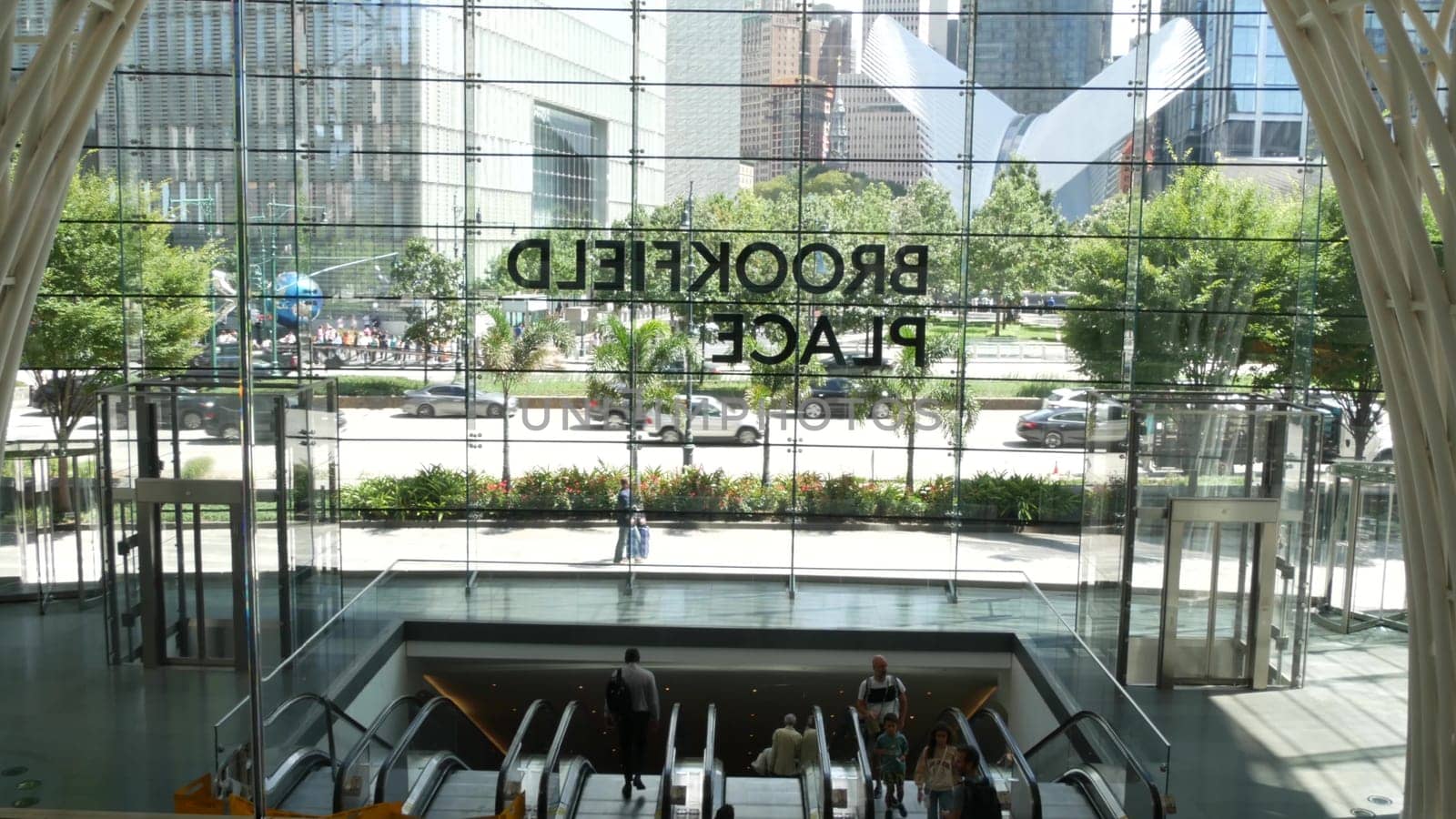 New York City, United States - 31 Aug 2023: Brookfield Place business office center, Manhattan Downtown Financial District. People near World Trade Center, 911 Memorial Pools and Oculus, Battery, USA.
