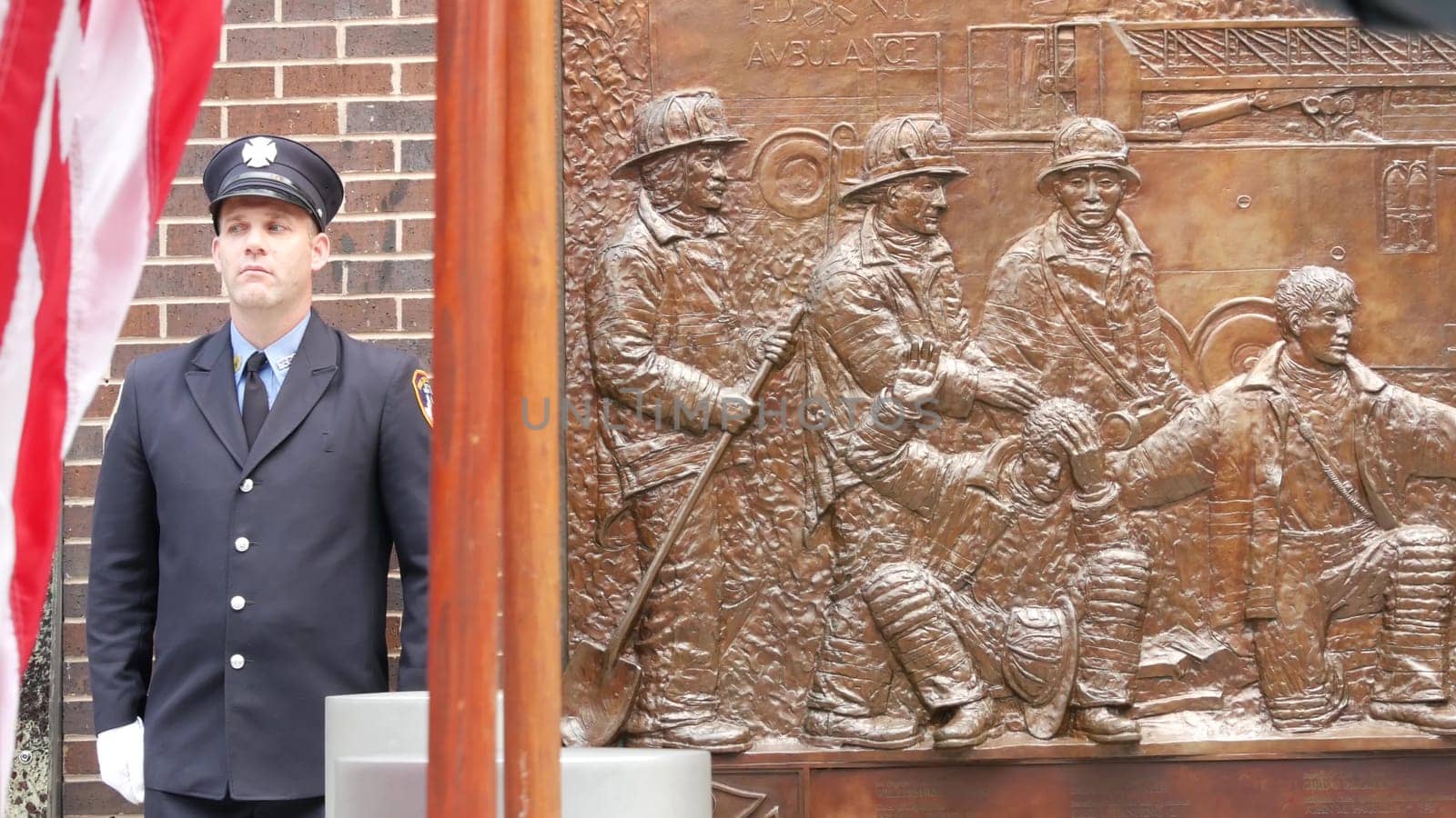 New York City, United States - 11 September 2023: Firefighters celebrate Patriot Day. Guard honoring 911, Memorial wall, FDNY commemorate anniversary. Fire Depart Station, Manhattan 10 Ten Firehouse.