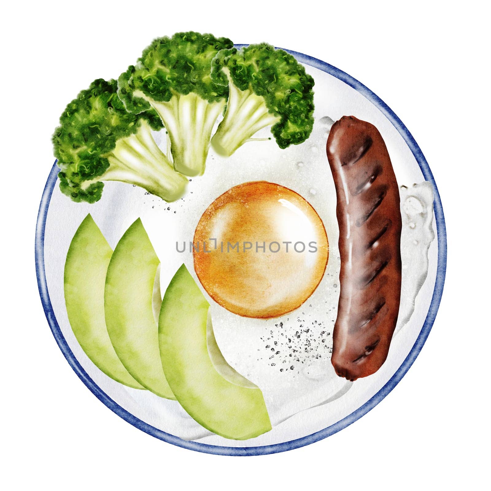 Scrambled eggs with avocado and sausage. Breakfast on a plate watercolor. Hand drawn food with fried eggs. Clip art food. Ideal for posters and restaurant menus of vegetarian and diet dishes.