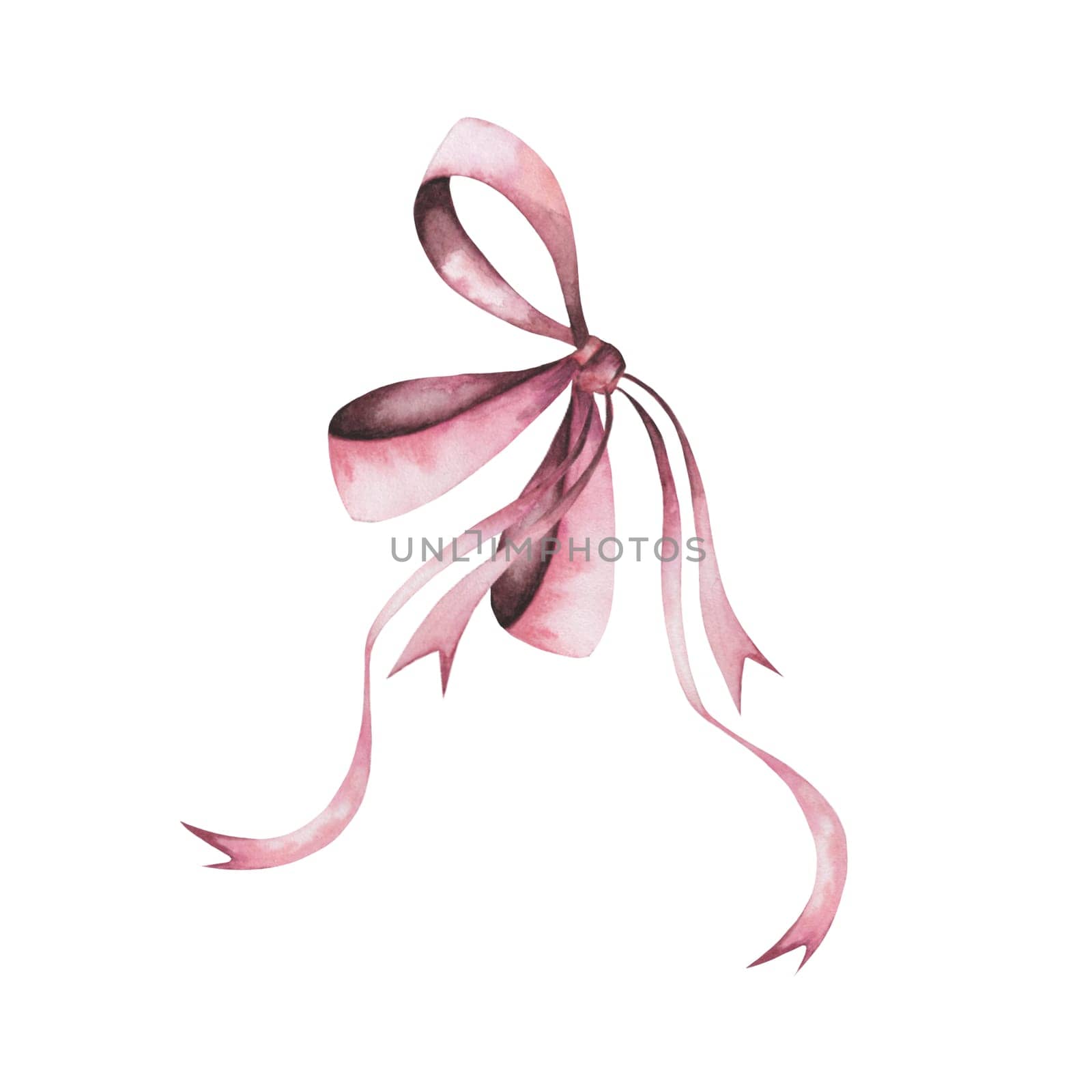 Pink watercolor elegant bow. Knotted thin ribbon in vintage style. For designing cards and invitations for weddings and Valentine's Day. High quality photo