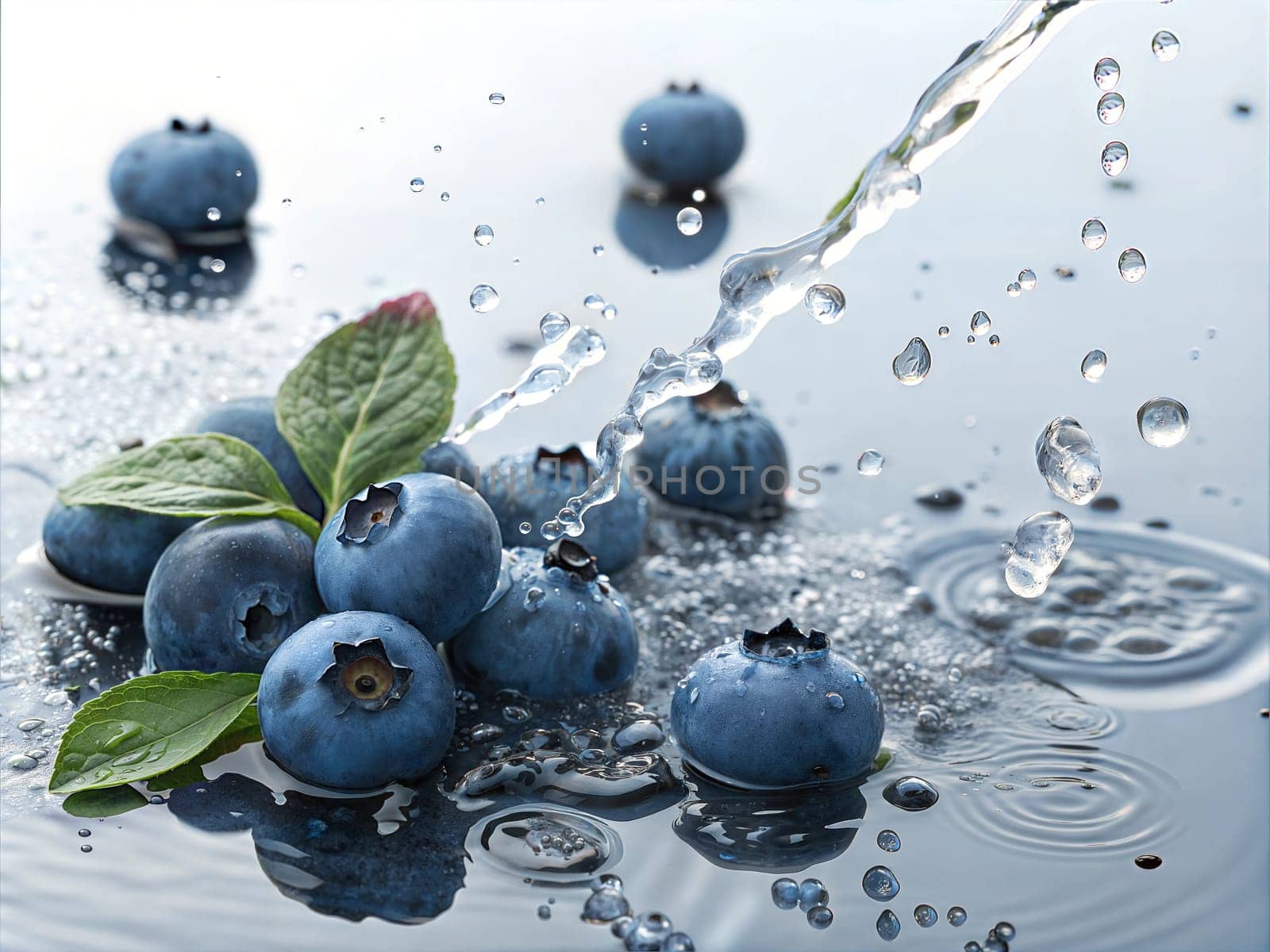 A close-up of fresh blueberries with water droplets, accompanied by mint leaves, set against a reflective water surface. Perfect for food photography, healthy eating, and fresh fruit visuals.