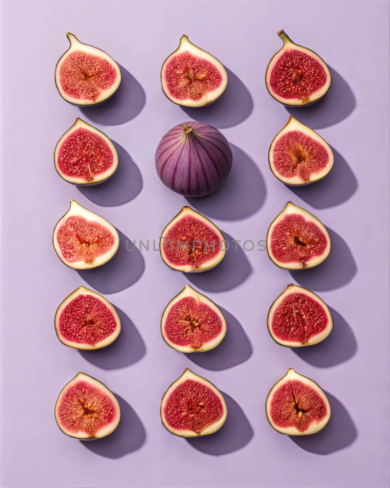 A visually stunning geometric pattern featuring fresh fig halves arranged neatly on a purple background, showcasing the vibrant red seeds and soft interior of ripe figs.
