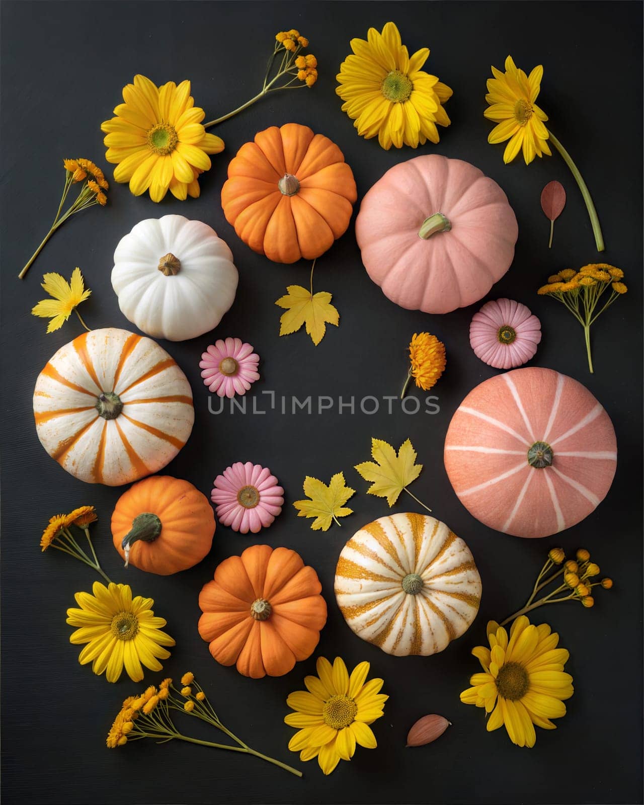 A colorful arrangement of pumpkins and gourds, including orange, pink, and striped varieties, surrounded by vibrant yellow flowers and autumn leaves.