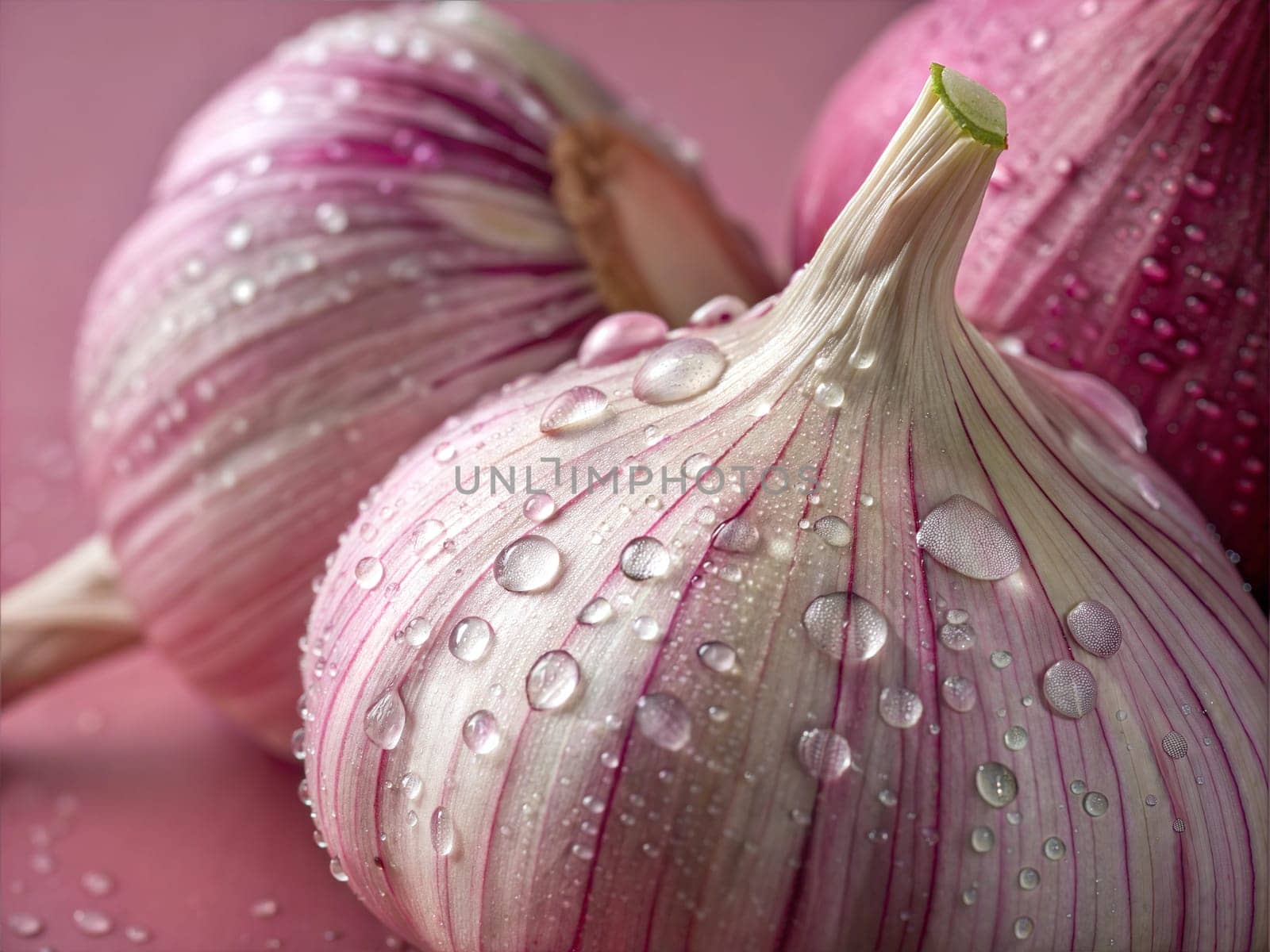 A close-up of garlic bulbs with water droplets on a pink background, showcasing the fresh and natural essence of garlic.