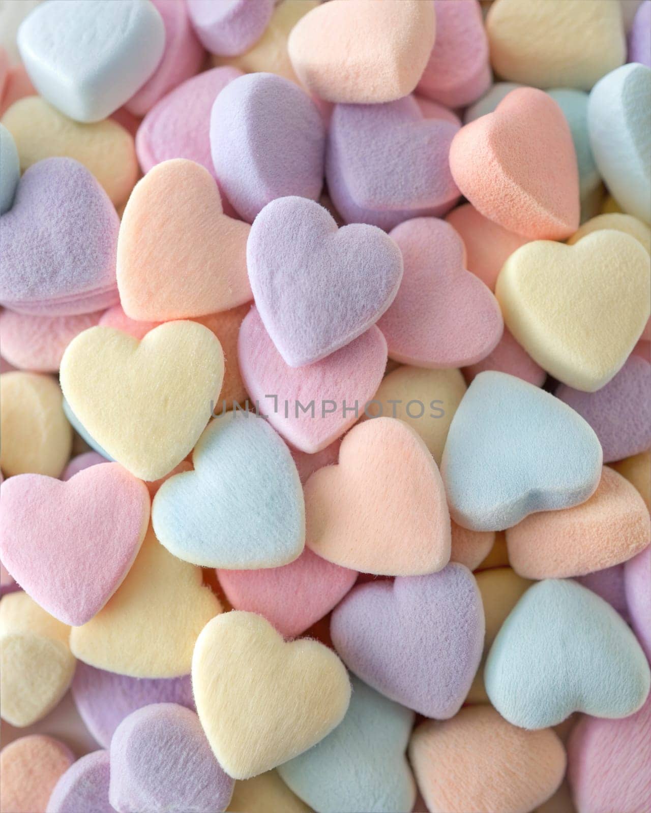 A close-up shot of pastel-colored heart-shaped marshmallows, featuring soft textures in shades of pink, blue, yellow, and lavender. Perfect for candy lovers, sweet treats, and Valentine's Day.