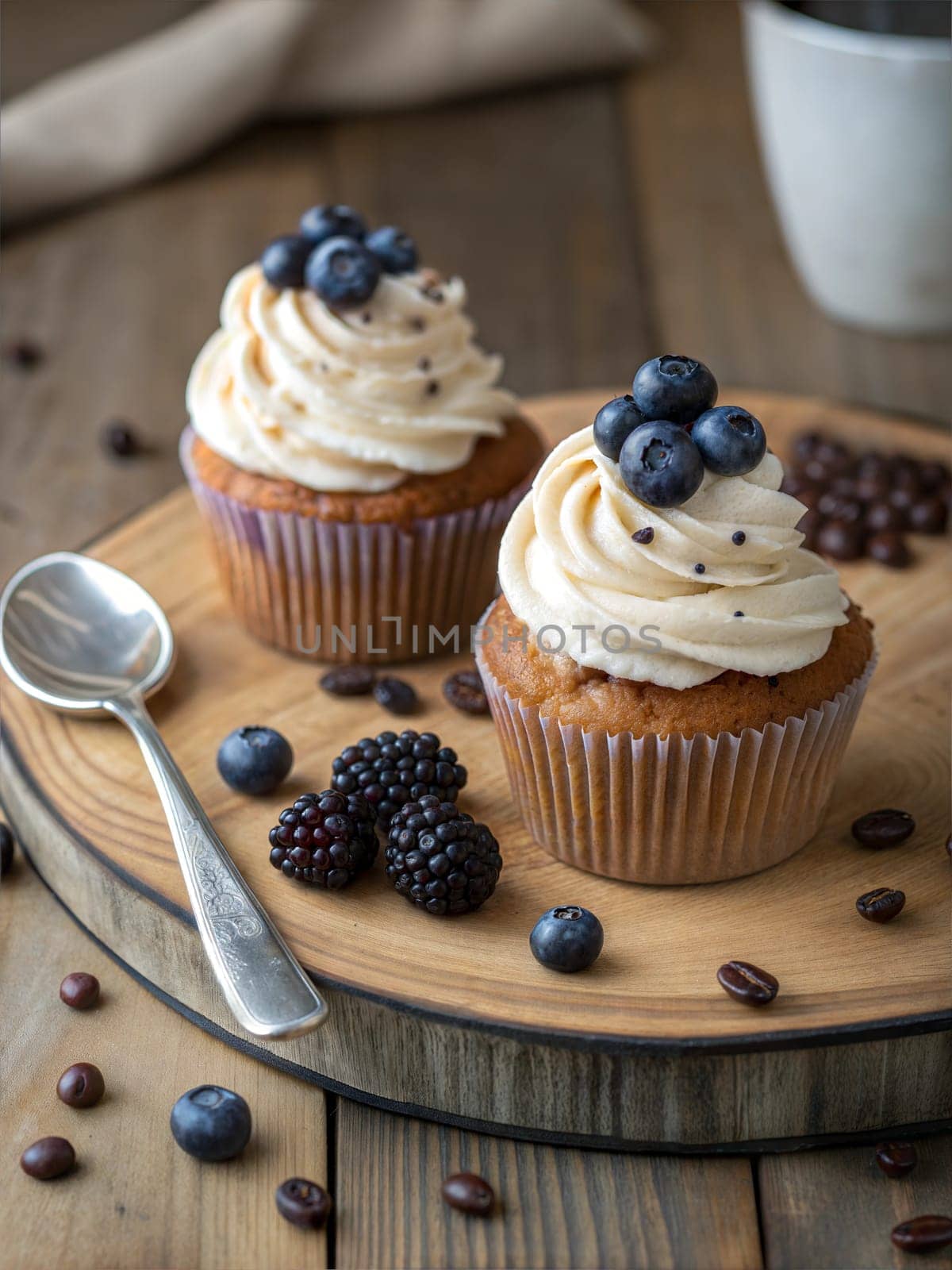 Two delicious cupcakes topped with creamy frosting, fresh blueberries, and blackberries, served on a wooden board with coffee beans and a spoon for a cozy treat.