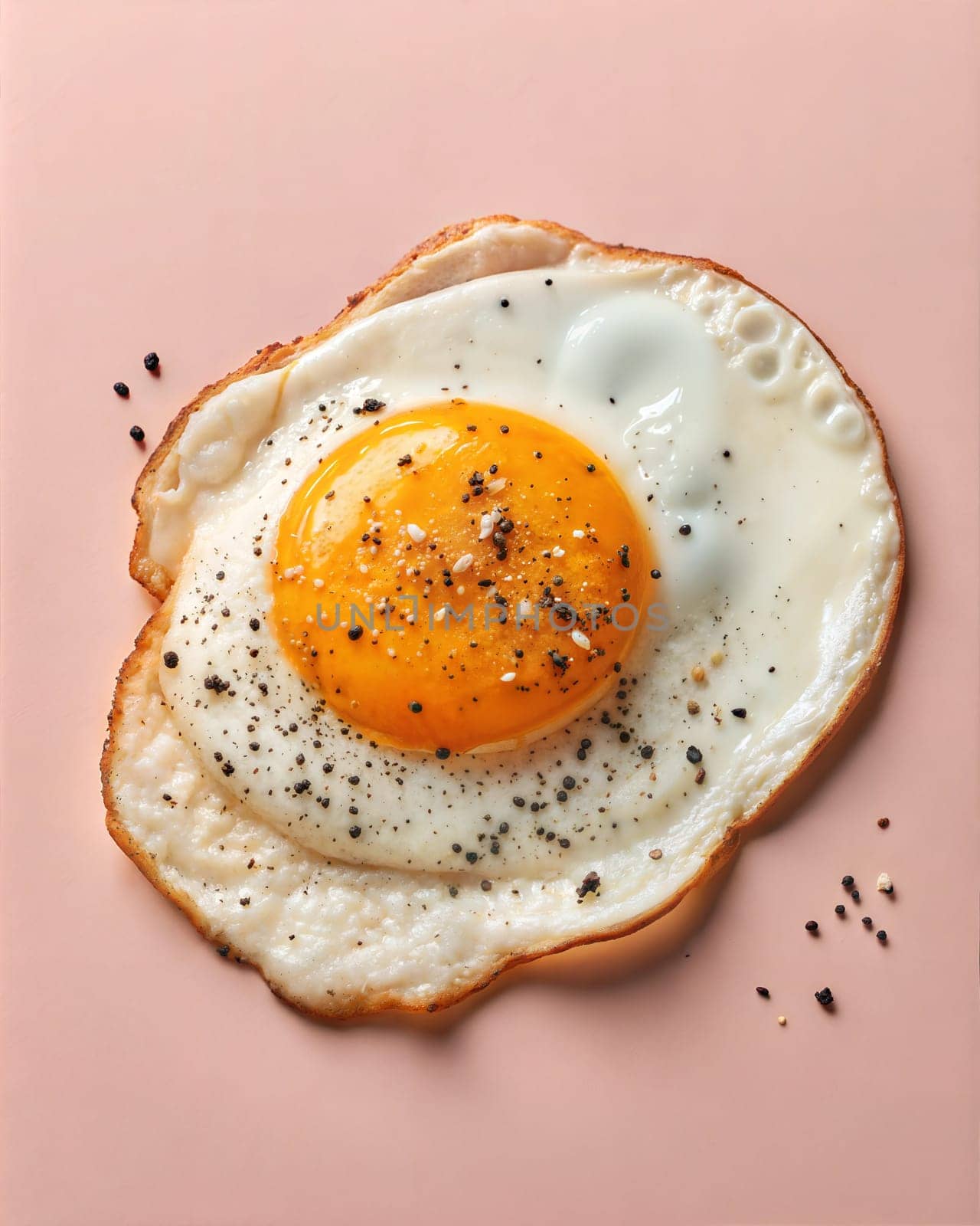 A perfectly fried egg with a bright yellow yolk and crispy edges, sprinkled with freshly ground black pepper, placed on a soft pastel pink background. Ideal for food photography or breakfast visuals.