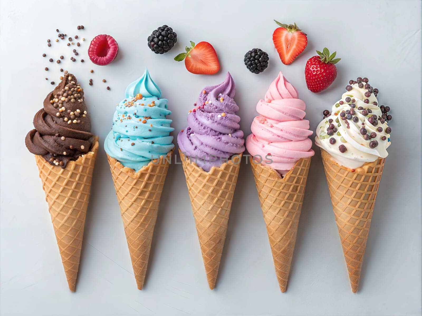 Five delicious ice cream cones with various flavors, topped with colorful sprinkles and chocolate chips, creating a vibrant and sweet summer treat.