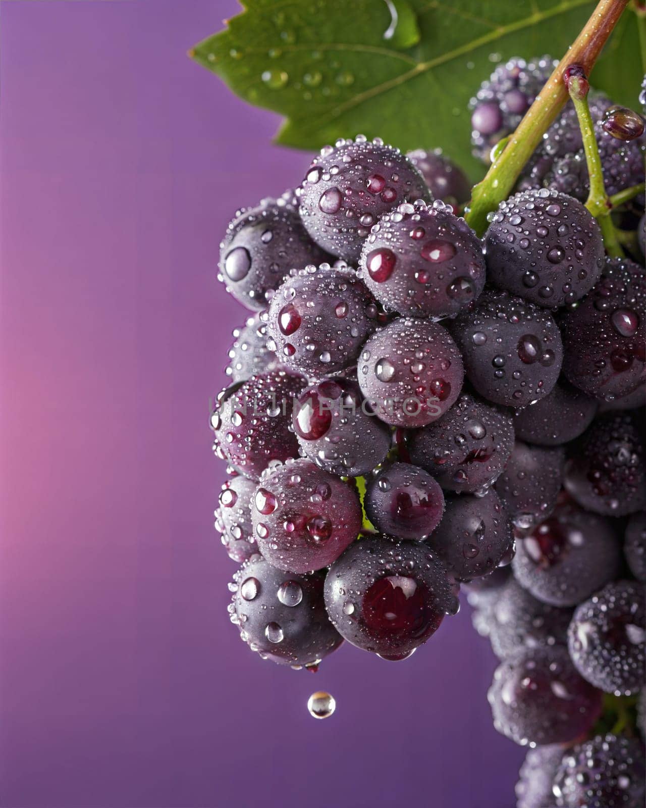 A close-up of fresh purple grapes covered in water droplets, showcasing their juicy texture on a purple background.