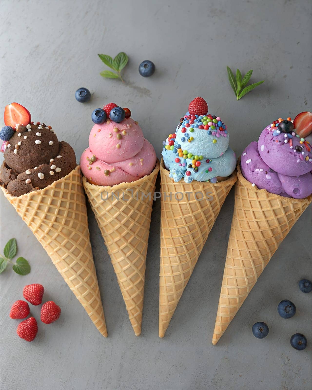 A visually appealing arrangement of four ice cream cones, each topped with different flavors like chocolate, pink, blue, and purple, garnished with colorful sprinkles and berries.