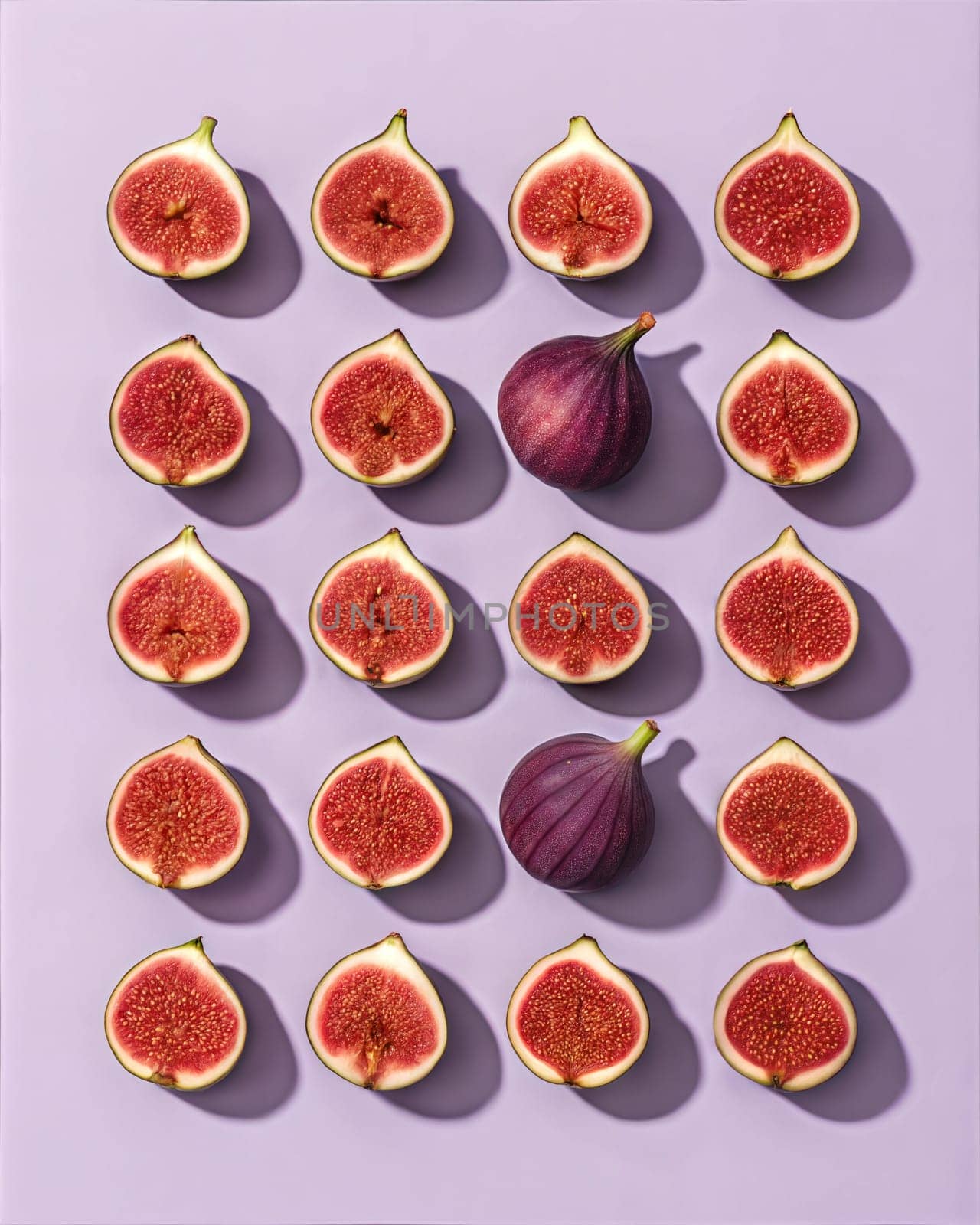 A visually stunning geometric pattern featuring fresh fig halves arranged neatly on a purple background, showcasing the vibrant red seeds and soft interior of ripe figs.