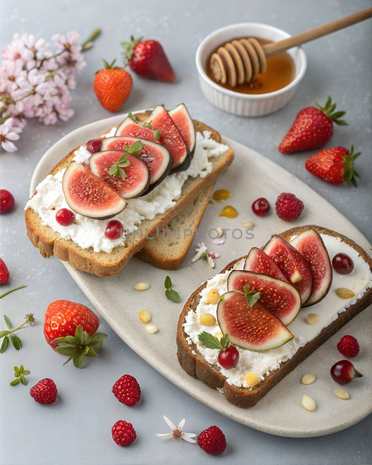 Two slices of bread topped with fresh figs, raspberries, pomegranate seeds, and a honey drizzle, creating a vibrant and healthy breakfast or snack.