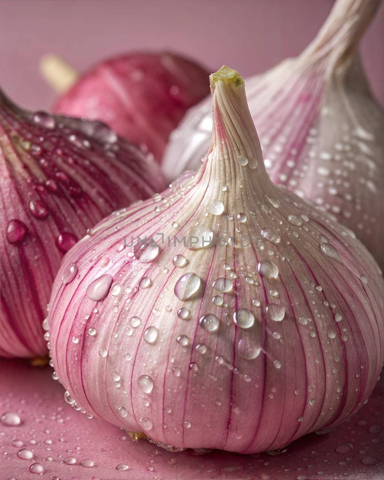 A close-up of garlic bulbs with water droplets on a pink background, showcasing the fresh and natural essence of garlic.