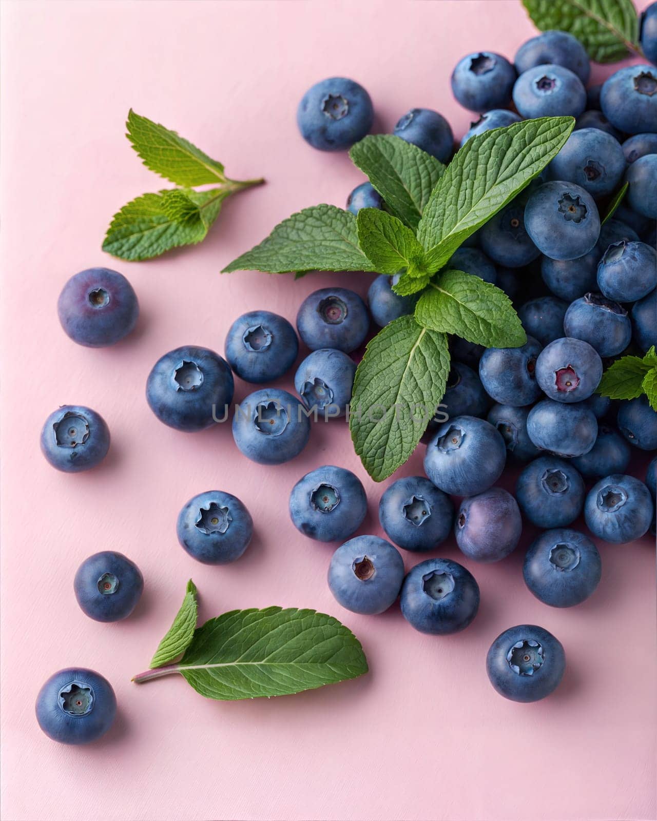 A vibrant close-up of fresh blueberries scattered with mint leaves, set against a soft pink background, showcasing the refreshing and healthy appeal of this berry combination.
