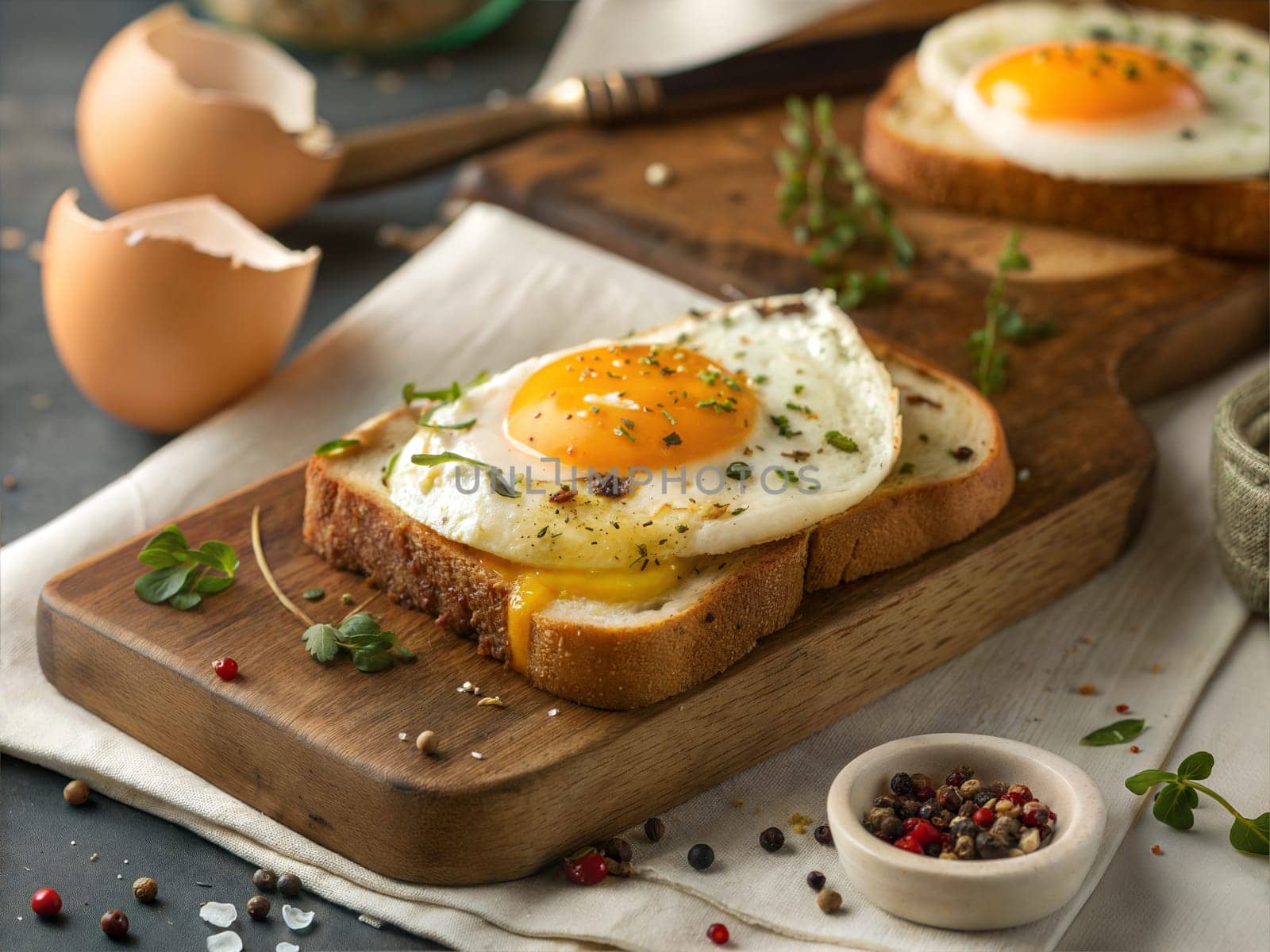 A close-up of a perfectly fried egg with a golden yolk placed on a toasted slice of bread. The dish is garnished with herbs and spices, perfect for a hearty breakfast.