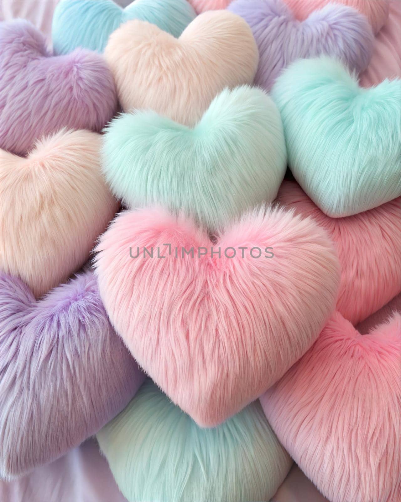 A close-up of fluffy heart-shaped plush toys in pastel colors, including pink, blue, yellow, and lavender, on a white background.