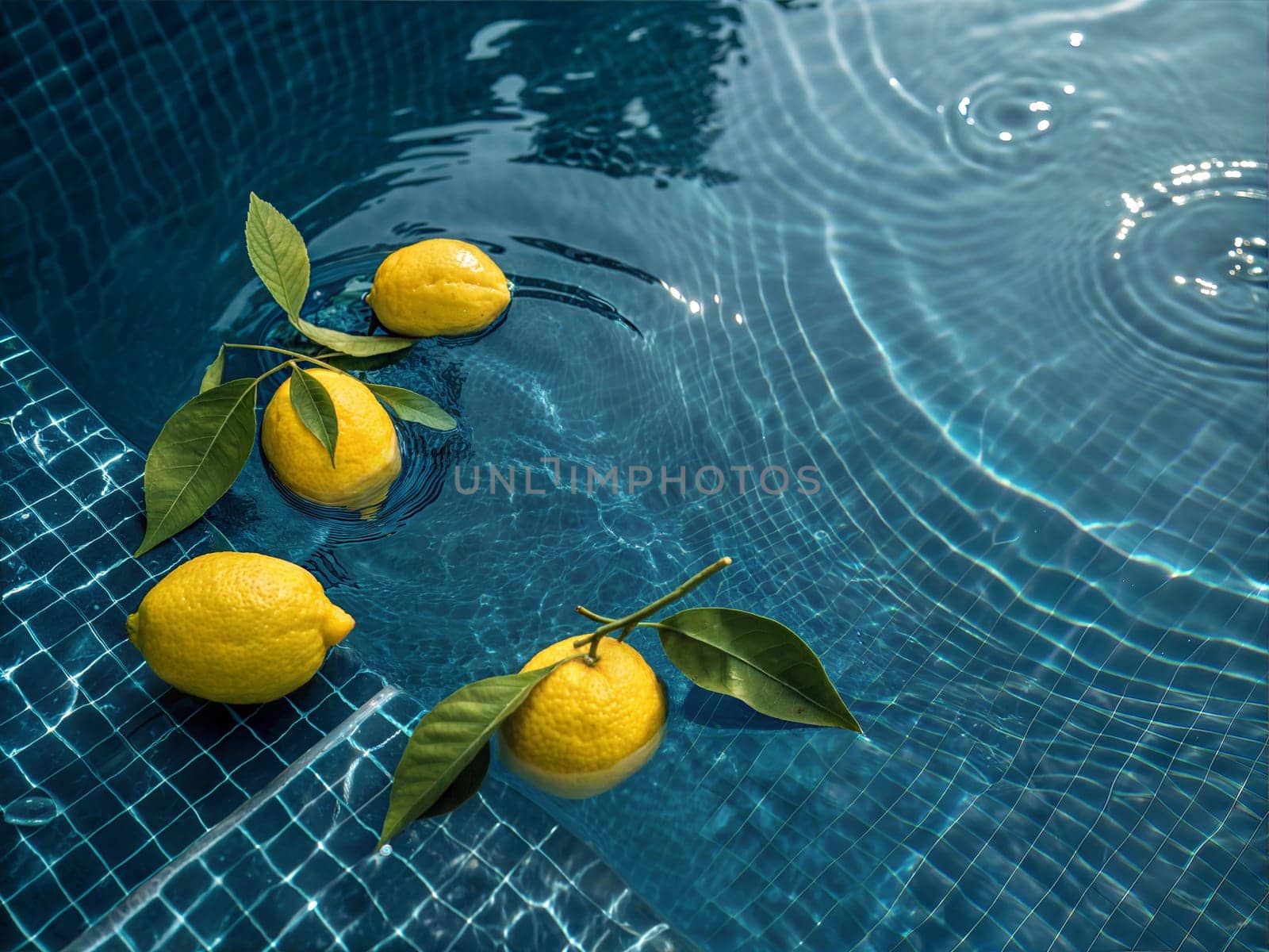 A close-up shot of vibrant lemons and green leaves floating in crystal-clear pool water, reflecting the essence of summer and tropical freshness.