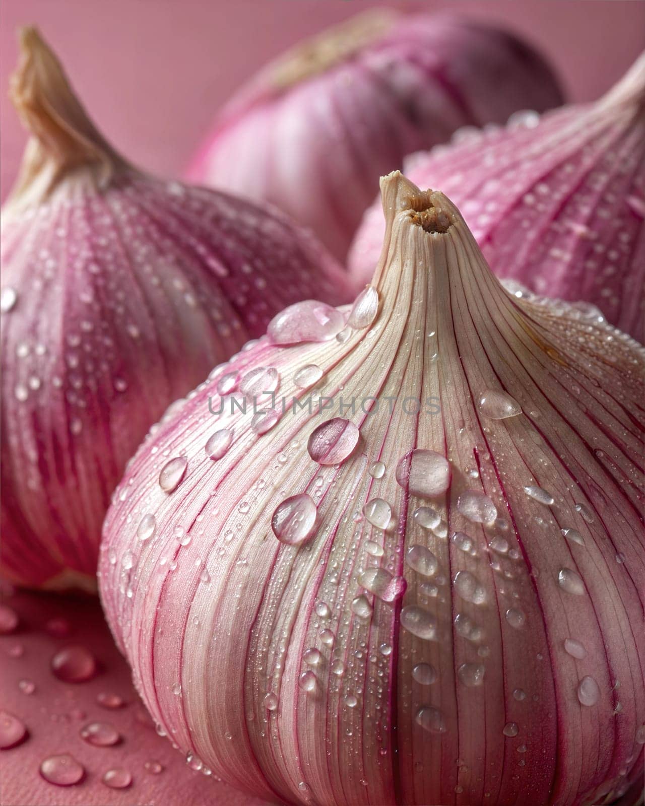 A close-up of garlic bulbs with water droplets on a pink background, showcasing the fresh and natural essence of garlic.