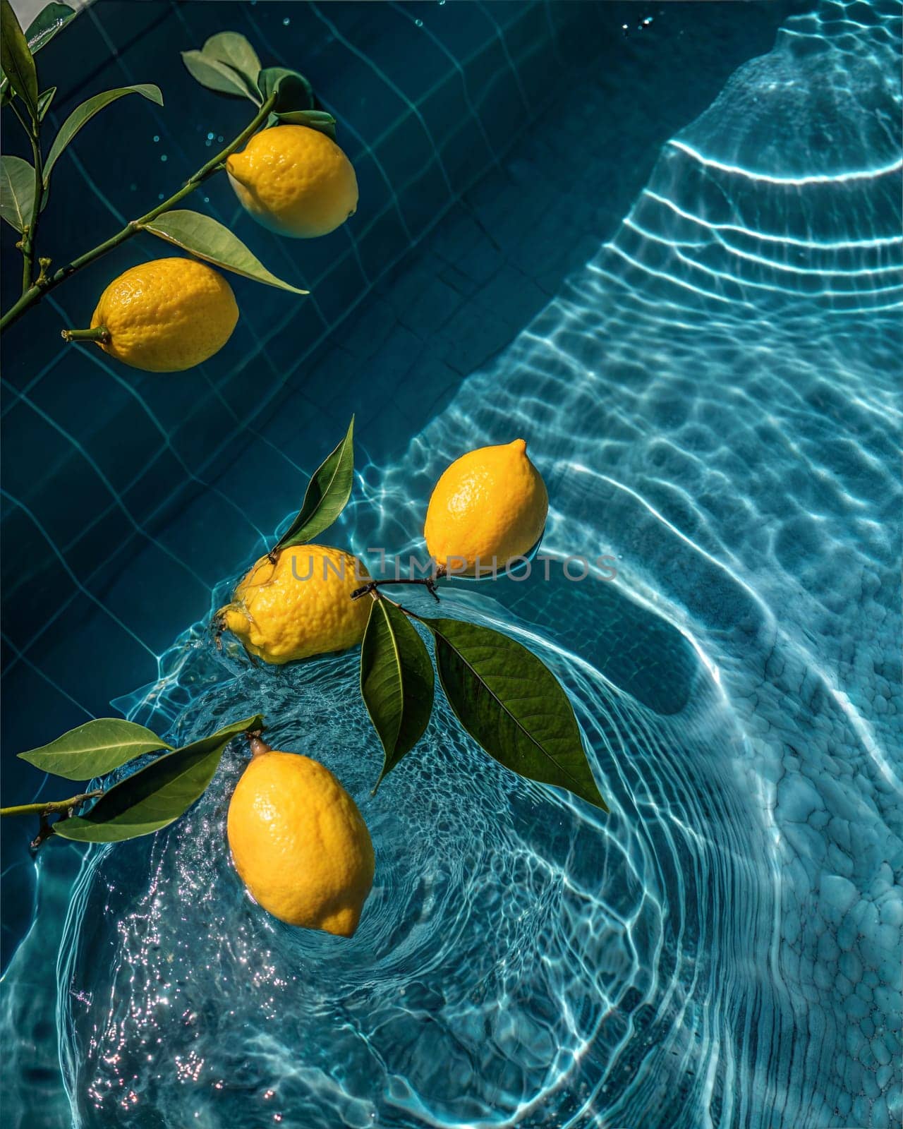 A close-up shot of vibrant lemons and green leaves floating in crystal-clear pool water, reflecting the essence of summer and tropical freshness.