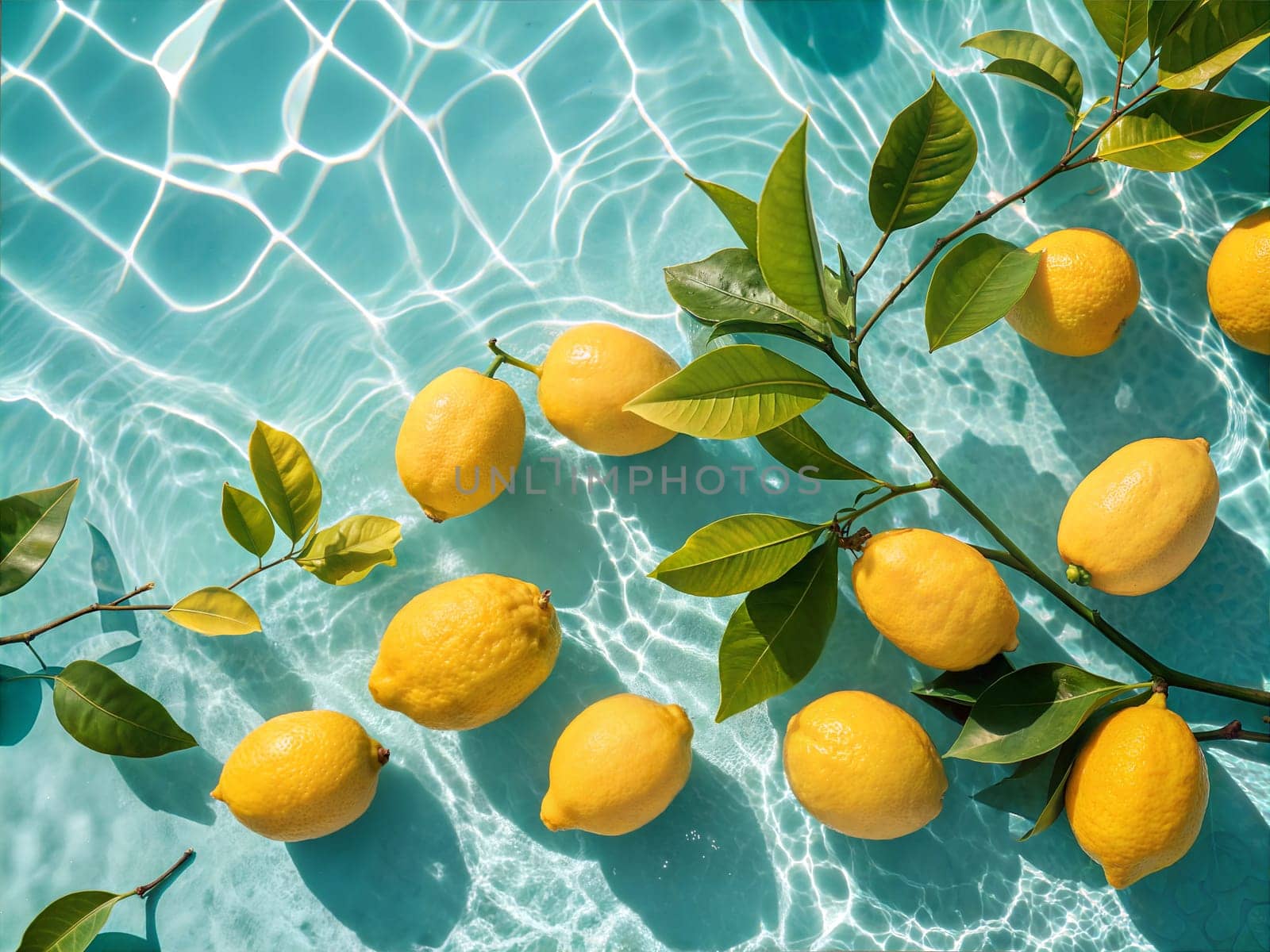 A fresh and vibrant image of bright yellow lemons floating in a crystal-clear teal pool, with leaves gently resting on the surface. Ideal for summer, citrus, refreshing, and healthy food concepts.