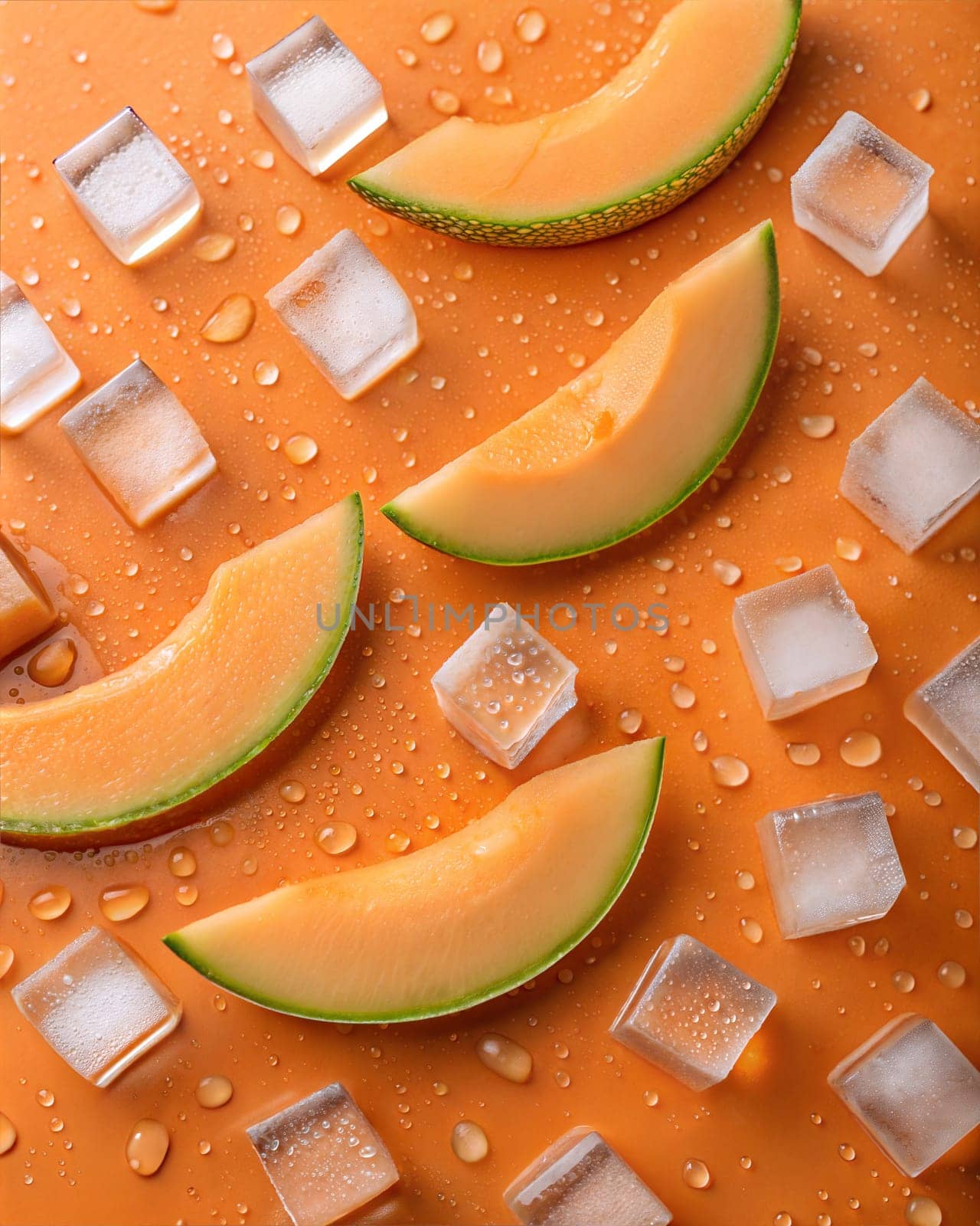 A close-up of cantaloupe slices surrounded by ice cubes and water droplets on an orange background, evoking a refreshing, summery feel.