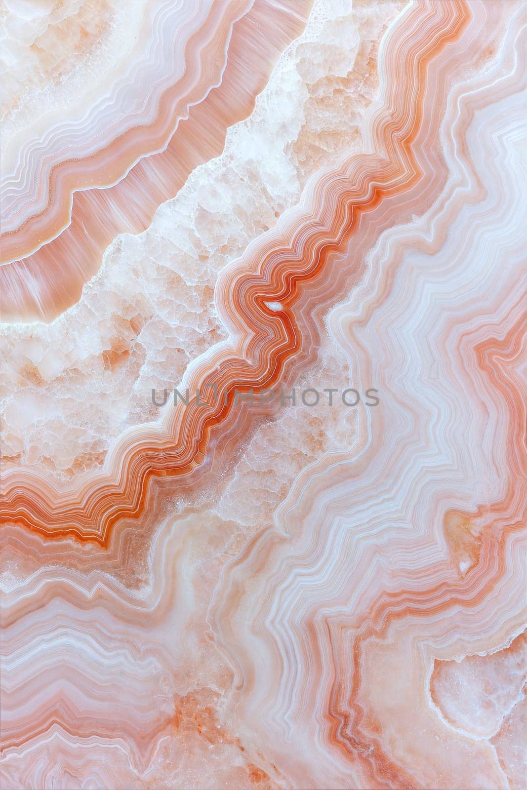 A stunning close-up of white and peach agate surface, showcasing intricate wavy stripes and smooth textures, perfect for use as a natural stone background.