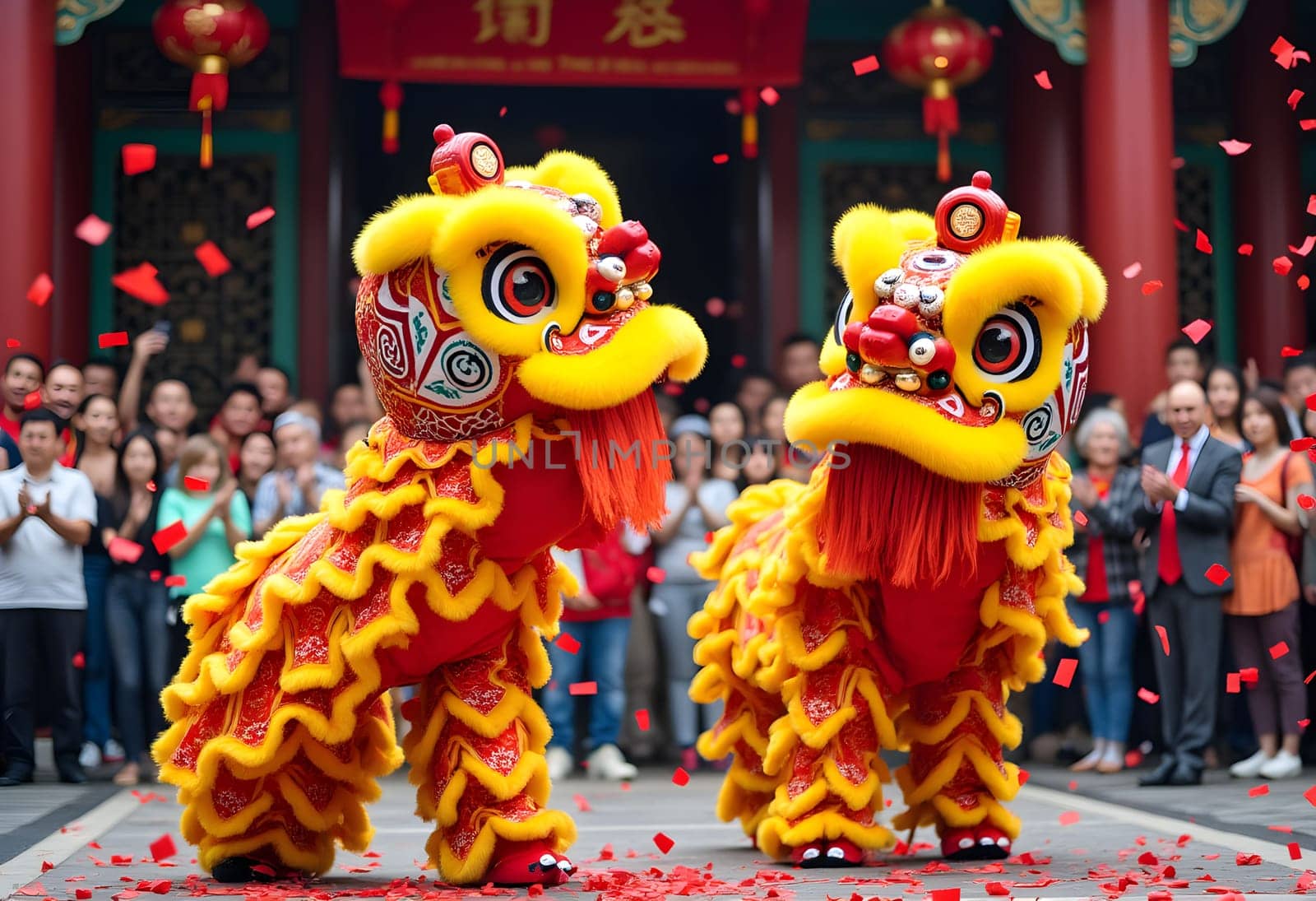 A lively lion dance performance in front of a temple, with colorful costumes, red confetti, and an excited audience cheering.