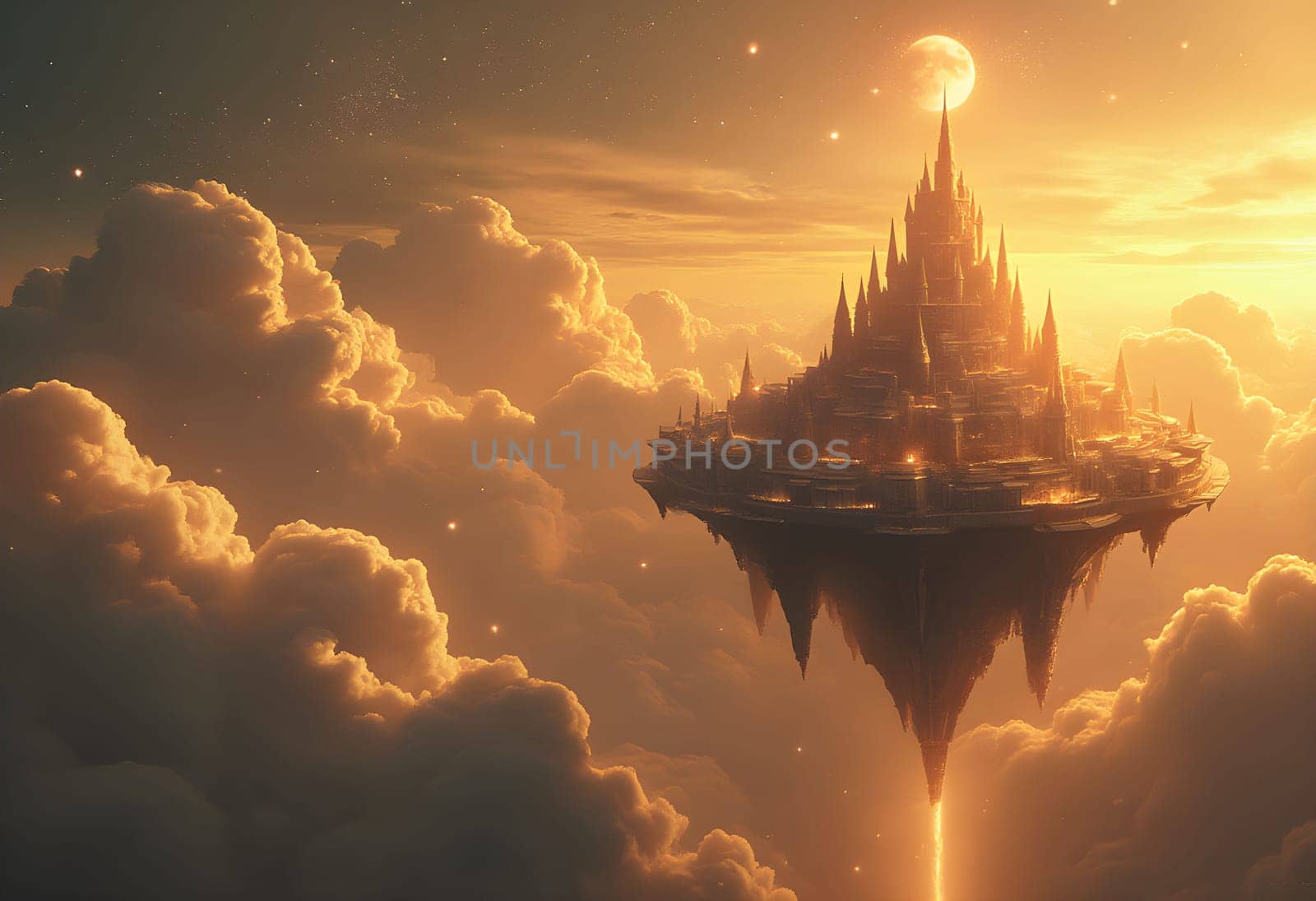 A radiant city rests on floating islands, surrounded by swirling golden clouds and twinkling stars, creating a magical sky scene.