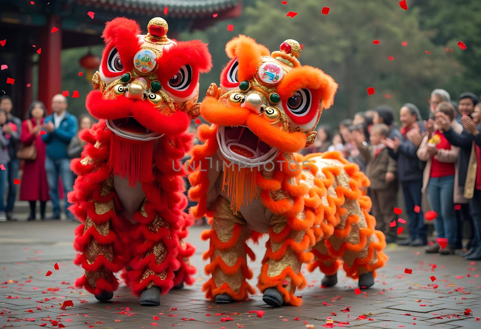 A lively lion dance performance in front of a temple, with colorful costumes, red confetti, and an excited audience cheering.