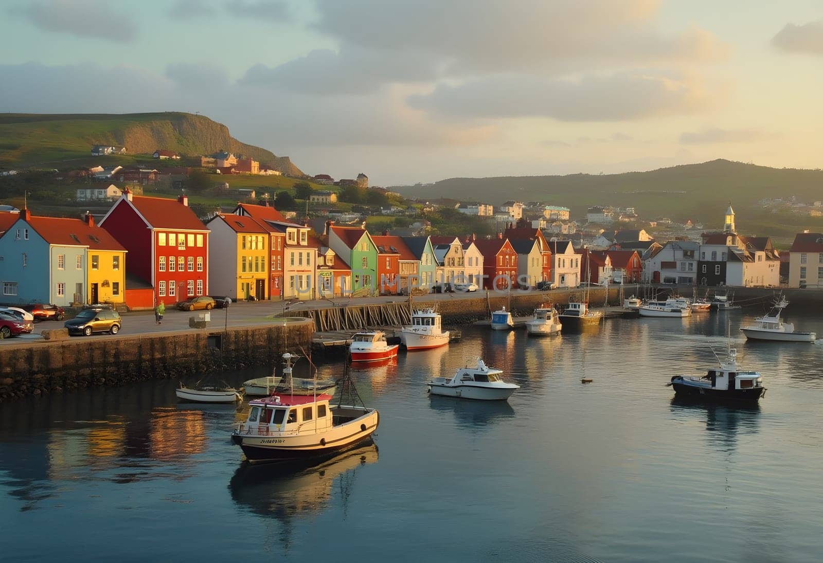 A quaint coastal town with vibrant buildings, fishing boats, and a tranquil sunset, creating a serene waterfront view.