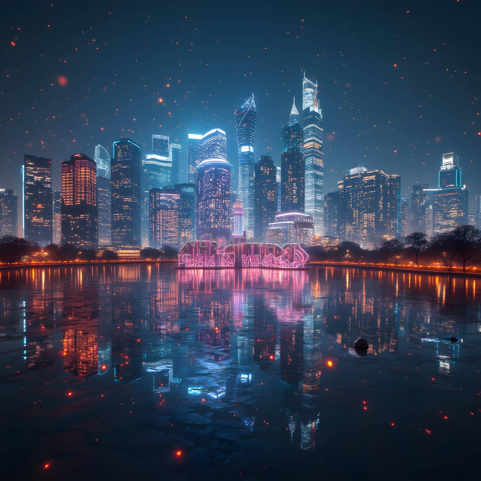 A futuristic skyline illuminated by holographic "New Year" projections, blending modern technology and celebration in a vibrant, glowing city.