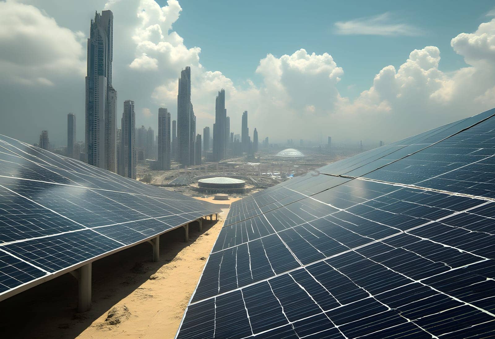 A visionary futuristic city powered by solar energy, featuring massive solar panels absorbing sunlight, promoting sustainability and green technology.