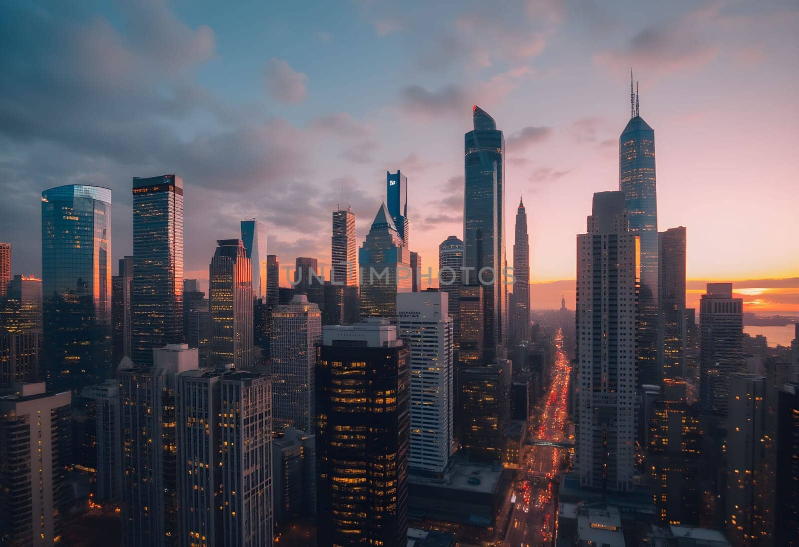 A breathtaking city skyline at dusk, skyscrapers glowing in golden sunset hues while twinkling lights gradually illuminate the urban landscape.